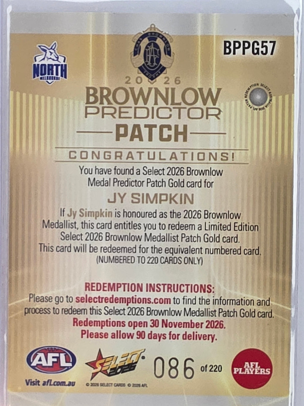 2026 AFL Select Footy Stars Brownlow Predictor Patch Gold BPPG57 #086/220 Jy Simpkin - North Melbourne Kangaroos