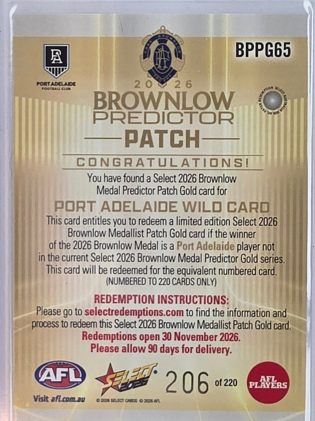 2026 AFL Select Footy Stars Brownlow Predictor Patch Gold BPPG65 #206/220 Port Adelaide Wild Card - Port Adelaide Power