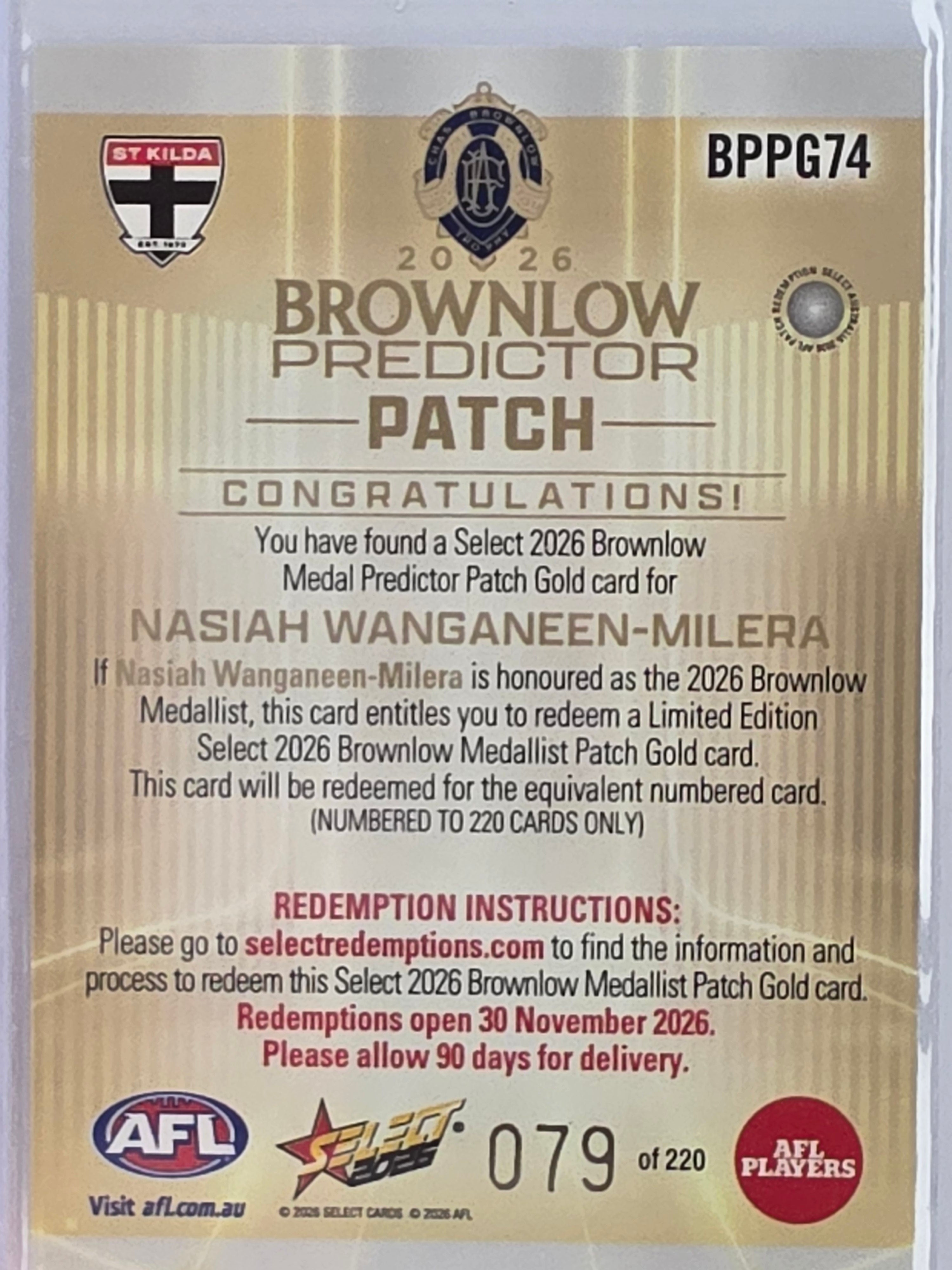 2026 AFL Select Footy Stars Brownlow Predictor Patch Gold BPPG74 #079/220 Nasiah Wanganeen-Milera - St Kilda Saints