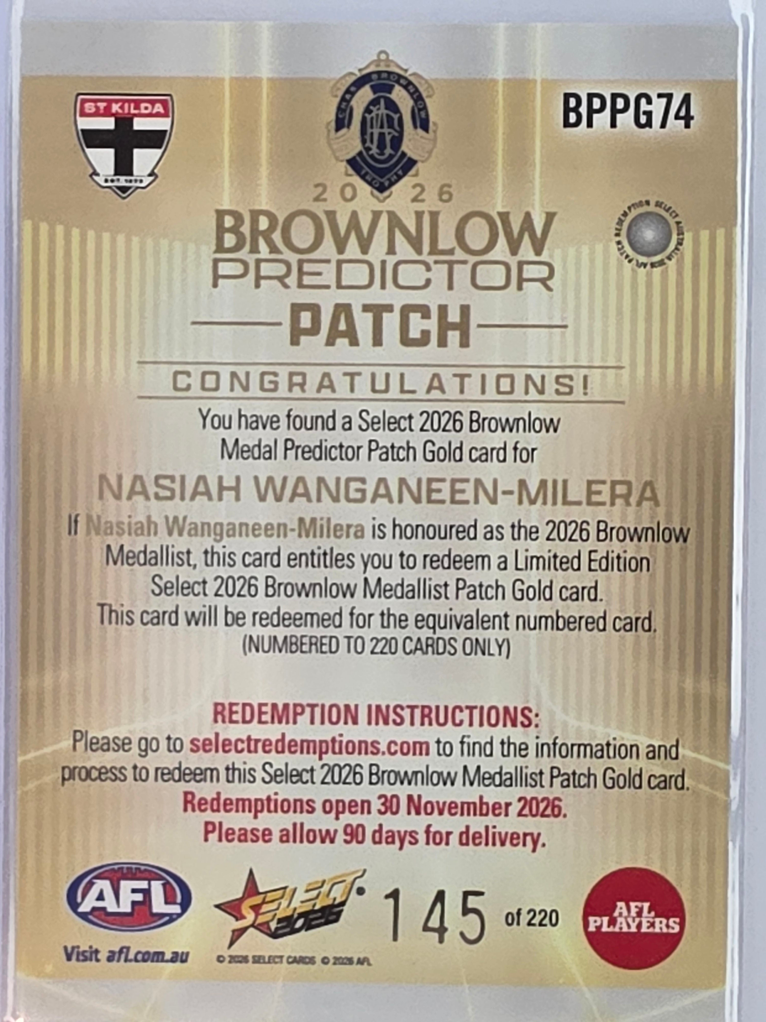 2026 AFL Select Footy Stars Brownlow Predictor Patch Gold BPPG74 #145/220 Nasiah Wanganeen-Milera - St Kilda Saints