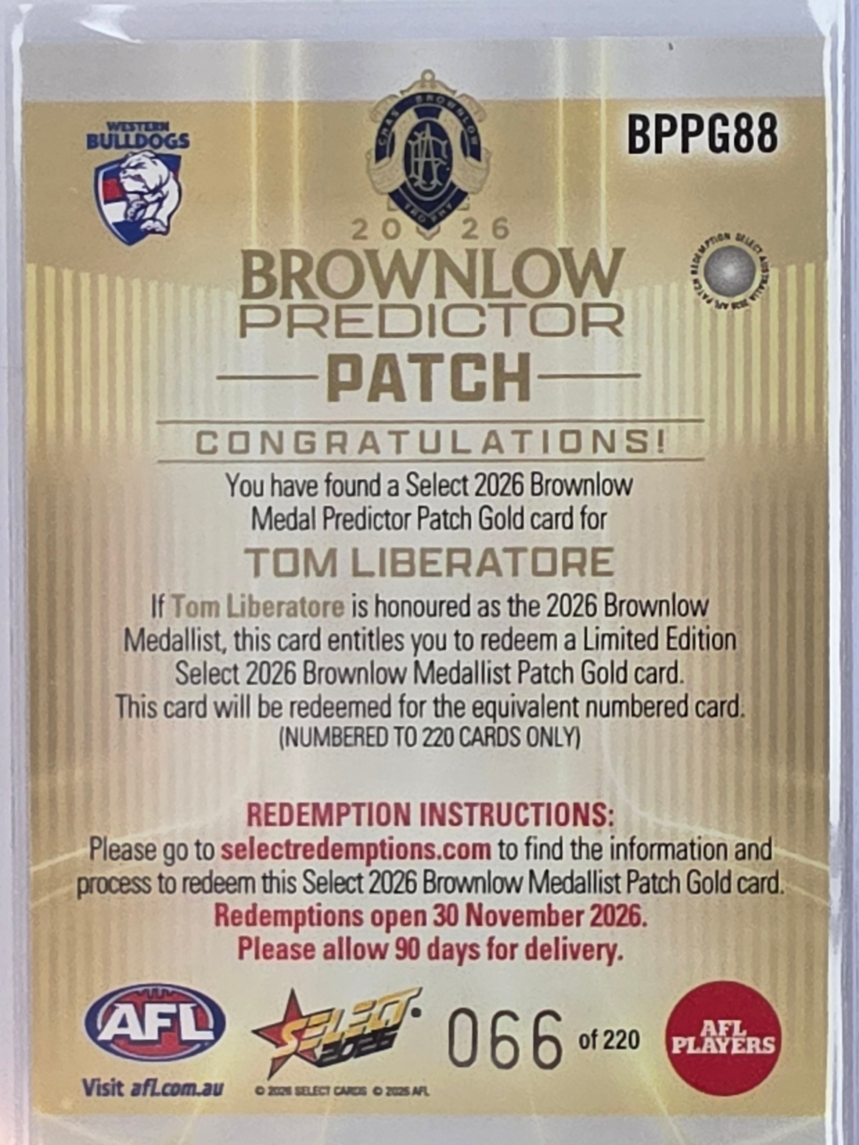 2026 AFL Select Footy Stars Brownlow Predictor Patch Gold BPPG88 #066/220 Tom Liberatore - Western Bulldogs