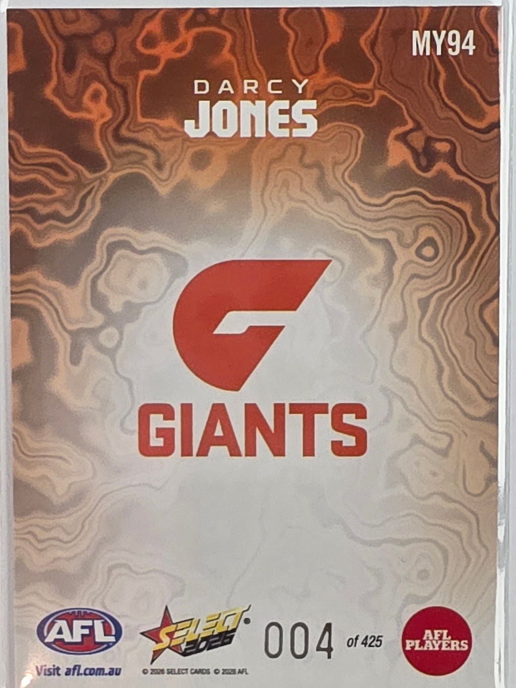 2026 AFL Footy Stars Mercury Team Colours MY94 #004/425 Darcy Jones - GWS Giants