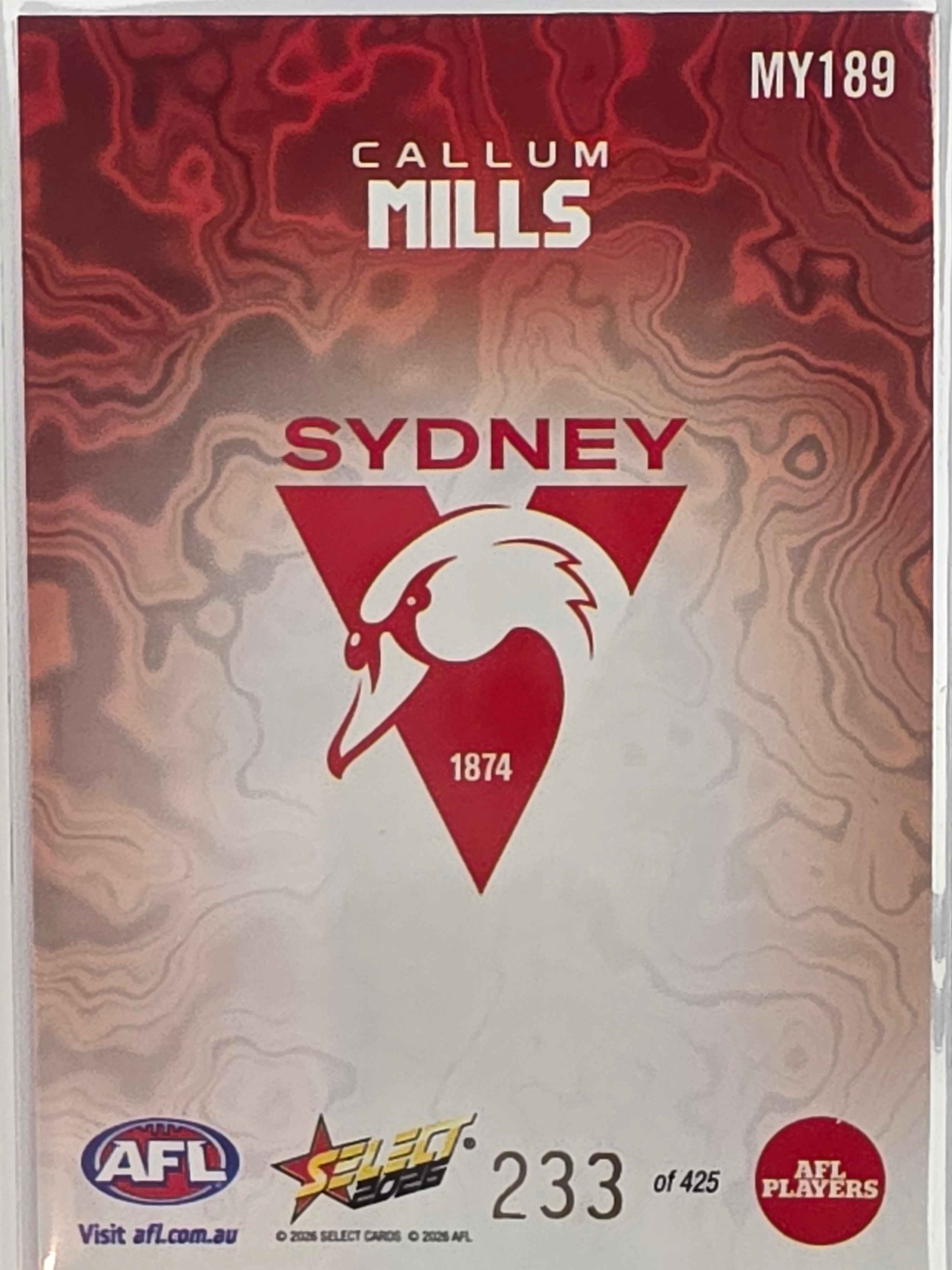2026 AFL Footy Stars Mercury Team Colours MY189 #233/425 Callum Mills - Sydney Swans
