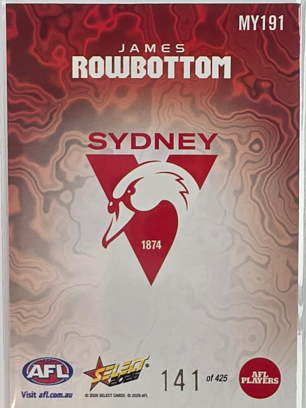 2026 AFL Footy Stars Mercury Team Colours MY191 #141/425 James Rowbottom - Sydney Swans