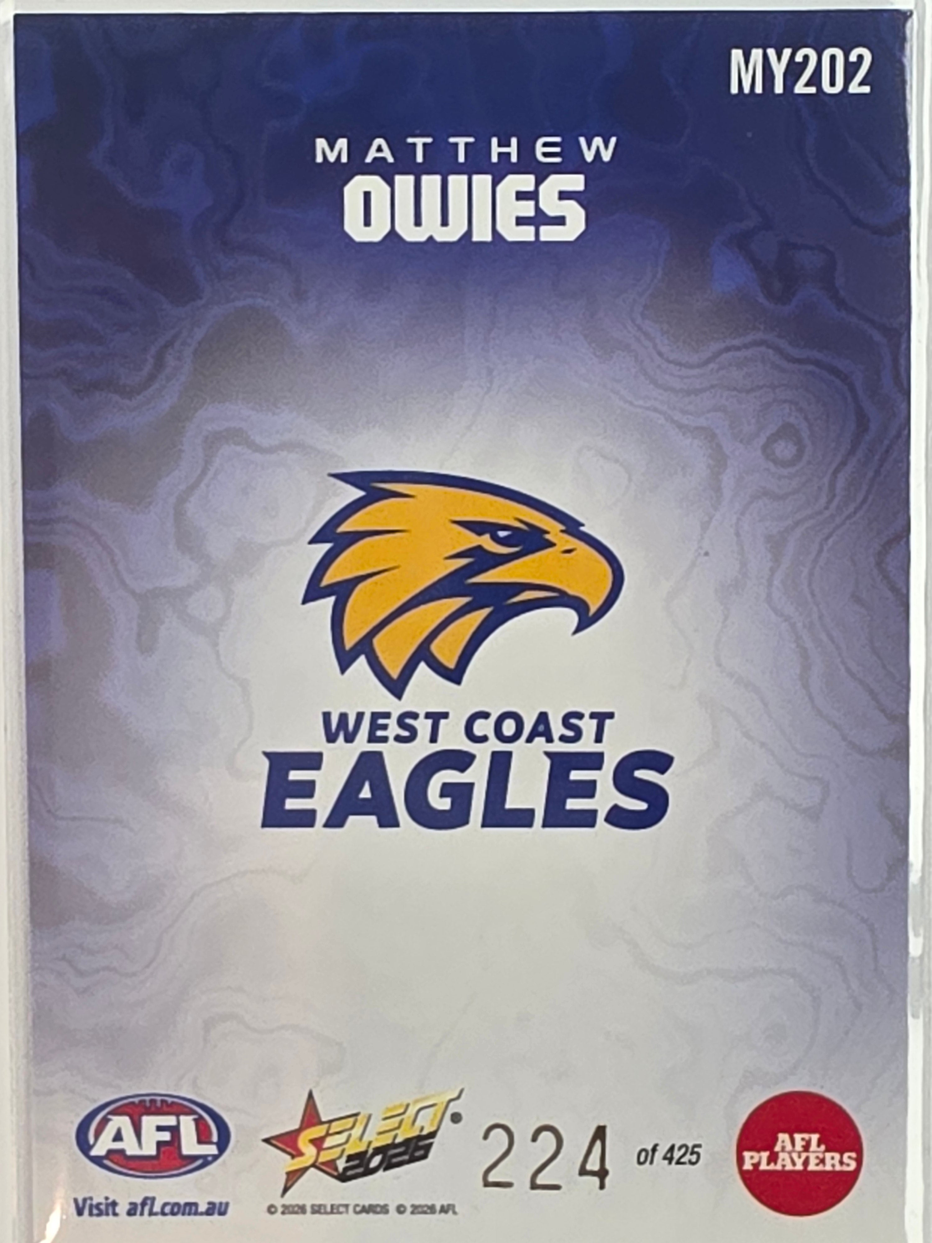 2026 AFL Footy Stars Mercury Team Colours MY202 #224/425 Matthew Owies - West Coast Eagles