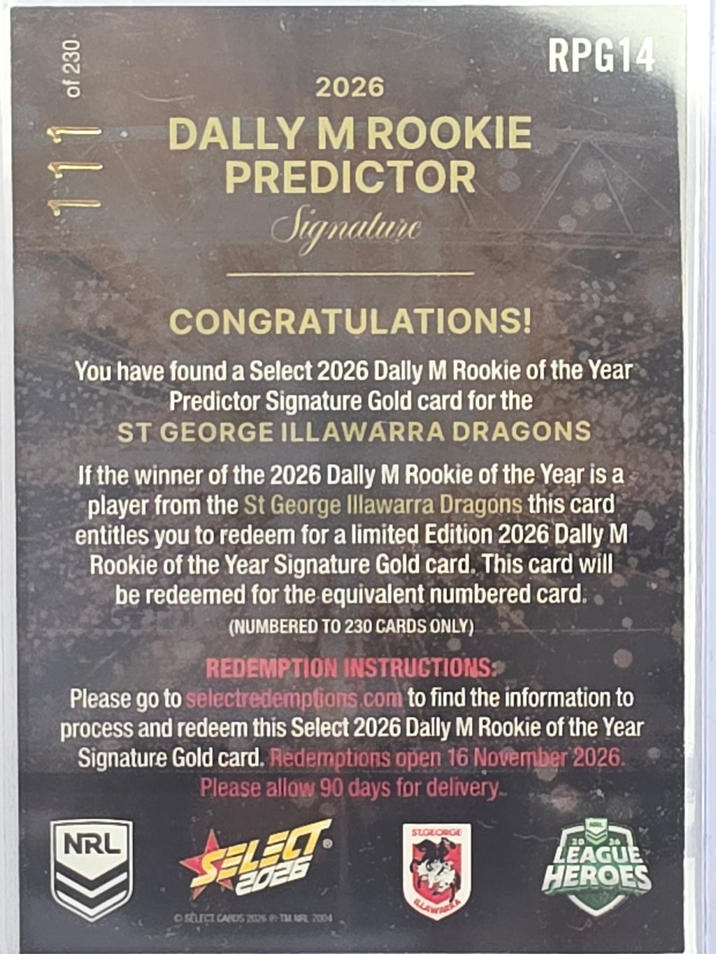 NRL 2026 League Heroes | Dally M Rookie Predictor Gold | #RPG14 | #111/230 | St George Illawarra Dragons