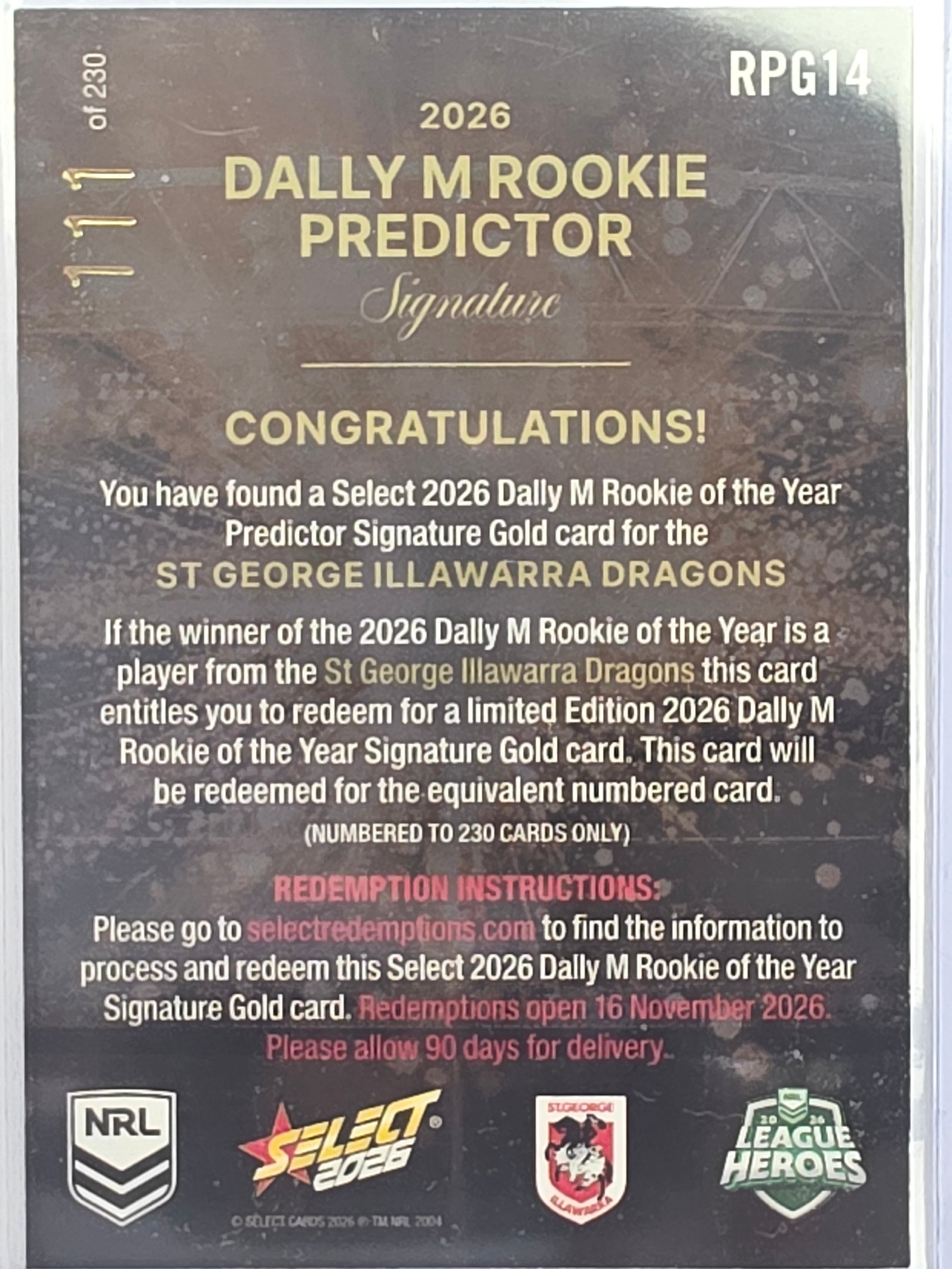 NRL 2026 League Heroes | Dally M Rookie Predictor Gold | #RPG14 | #111/230 | St George Illawarra Dragons