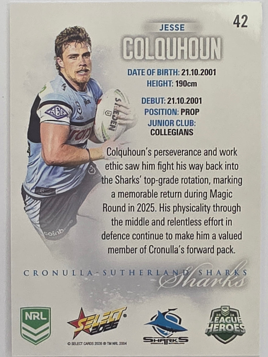 NRL 2026 League Heroes | Base | #042 | Jesse Colquhoun | Cronulla Sharks