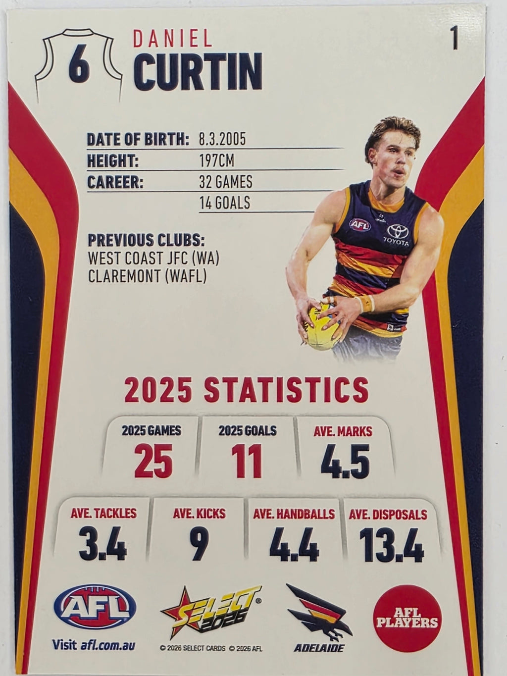 2026 AFL Footy Stars Base Card #001 Daniel Curtin - Adelaide Crows