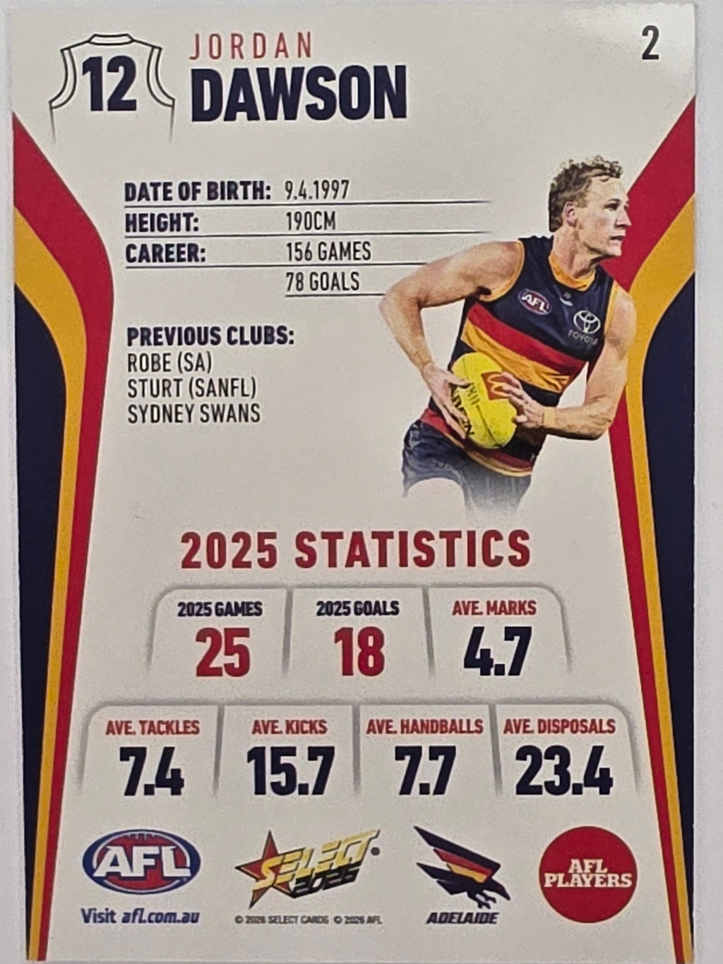 2026 AFL Footy Stars Base Card #002 Jordan Dawson - Adelaide Crows