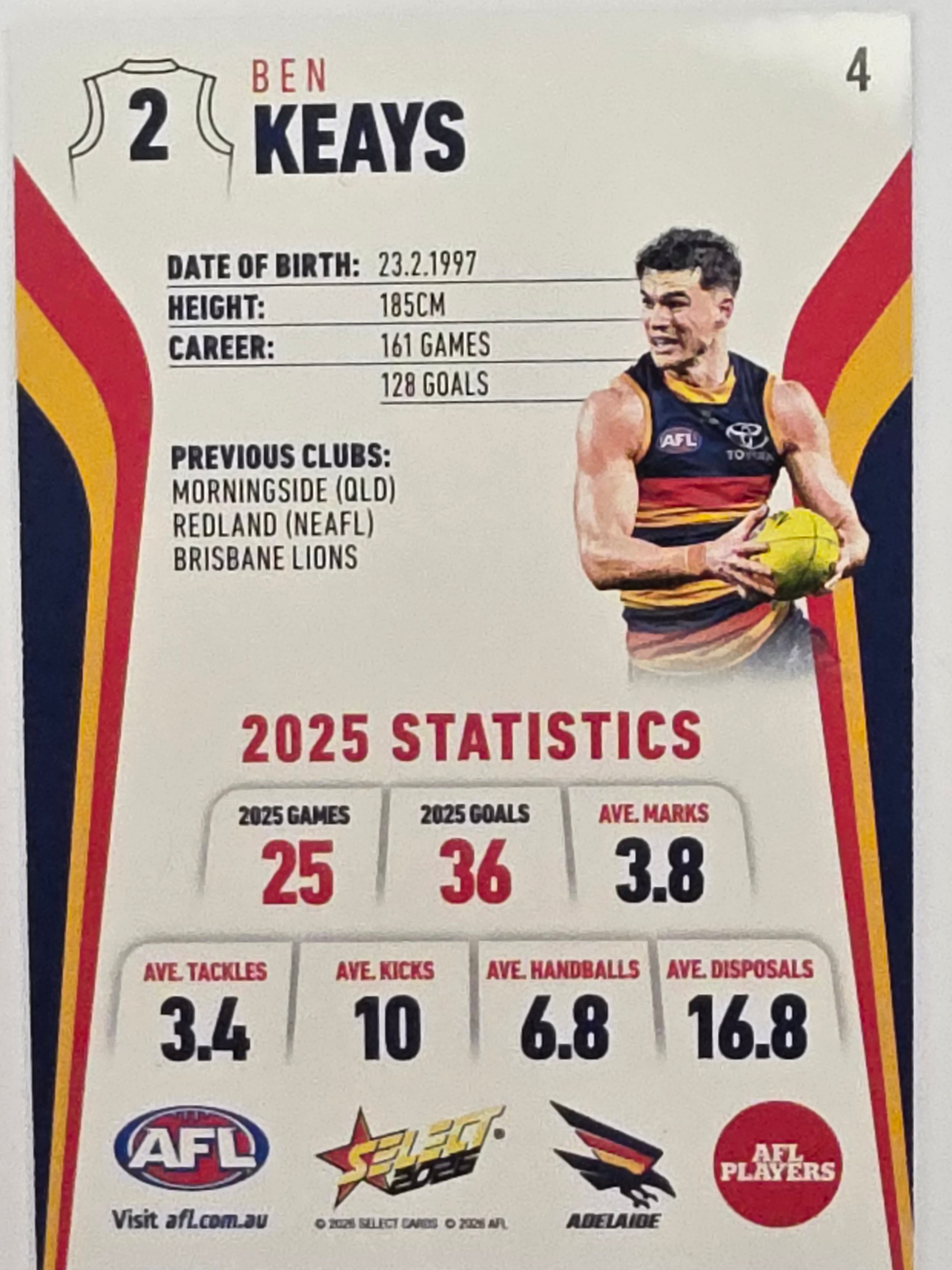 2026 AFL Footy Stars Base Card #004 Ben Keays - Adelaide Crows