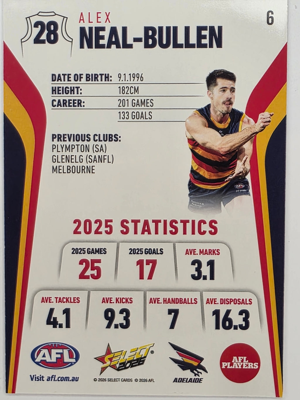 2026 AFL Footy Stars Base Card #006 Alex Neal-Bullen - Adelaide Crows