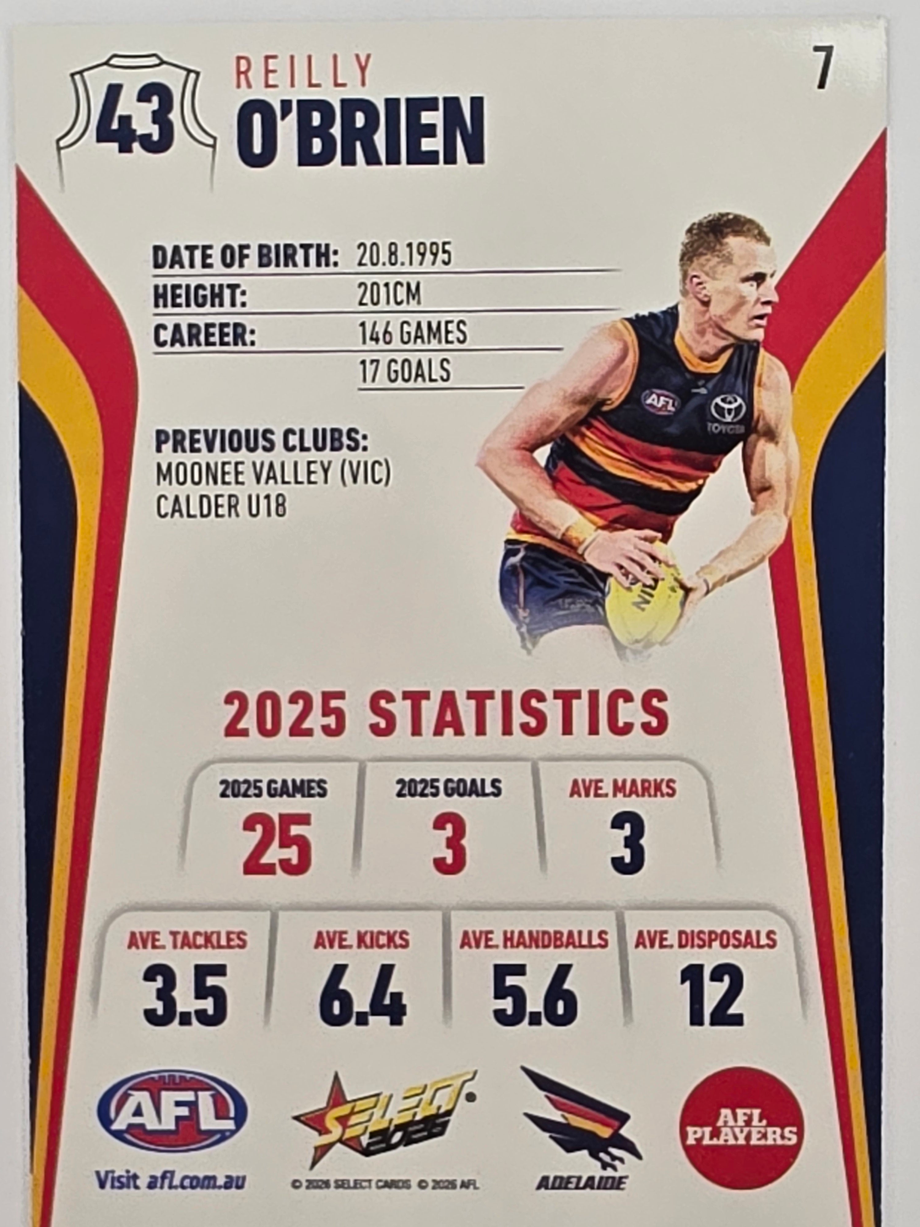 2026 AFL Footy Stars Base Card #007 Reilly O’Brien - Adelaide Crows