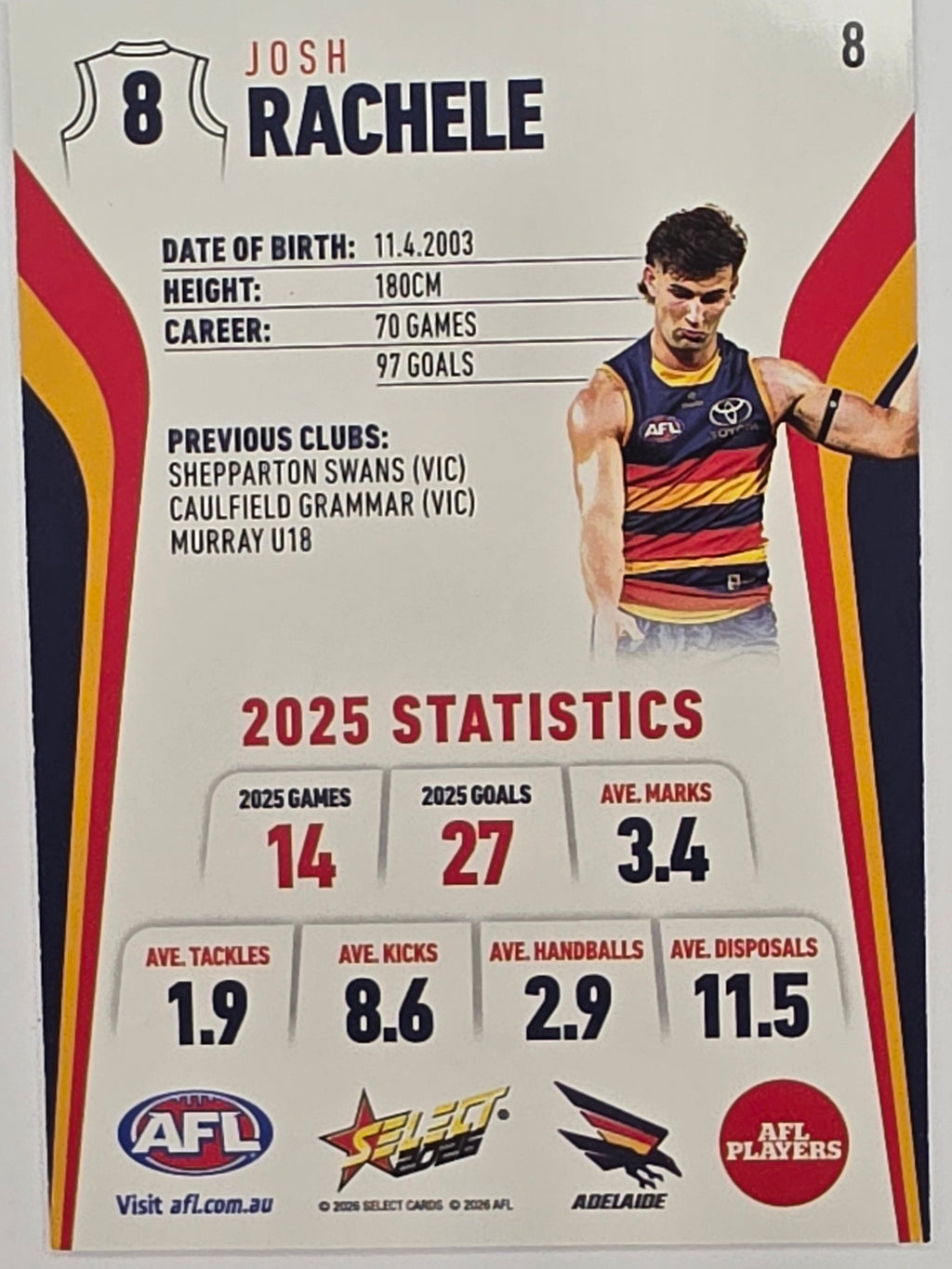 2026 AFL Footy Stars Base Card #008 Josh Rachele - Adelaide Crows