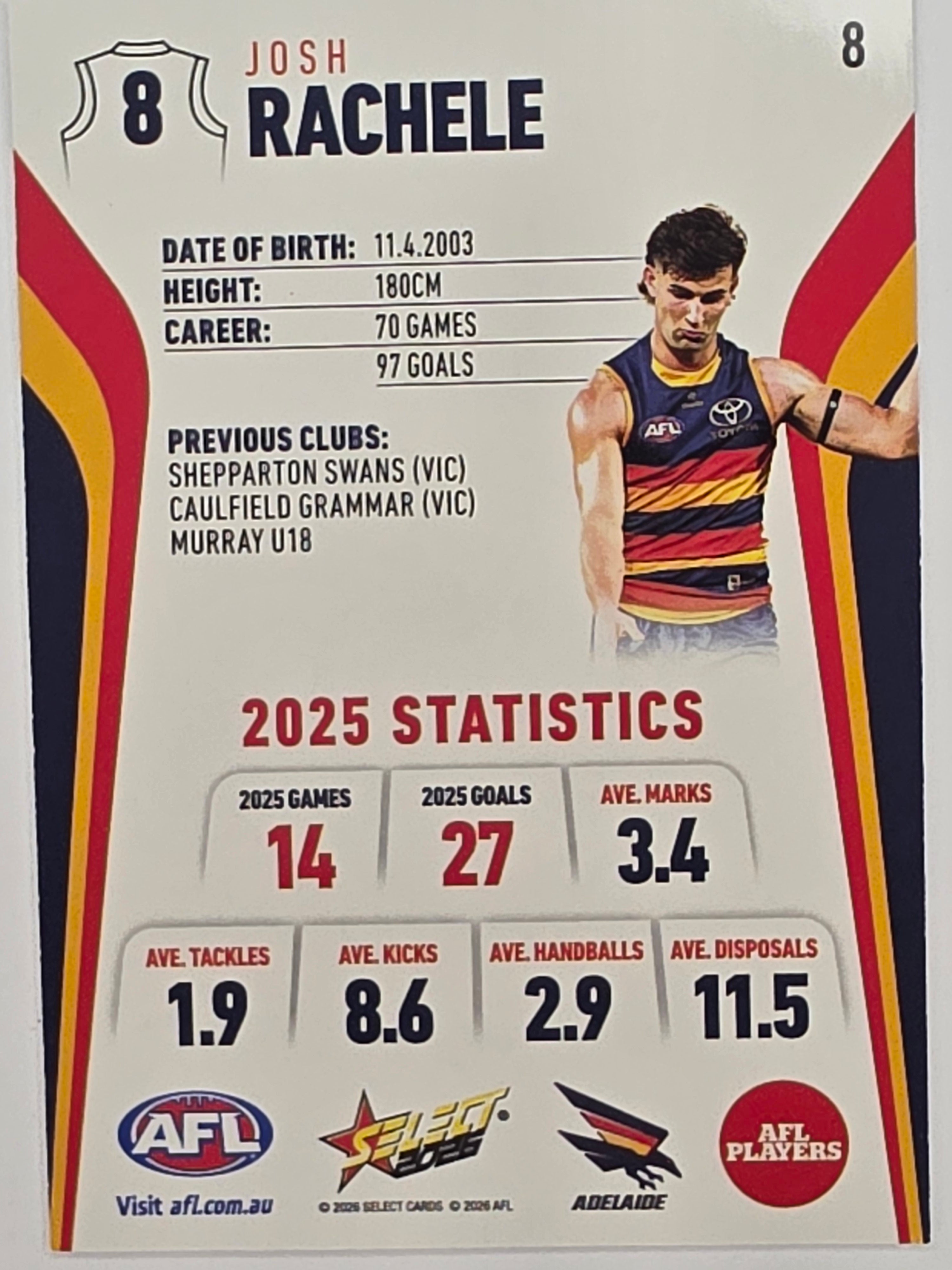 2026 AFL Footy Stars Base Card #008 Josh Rachele - Adelaide Crows