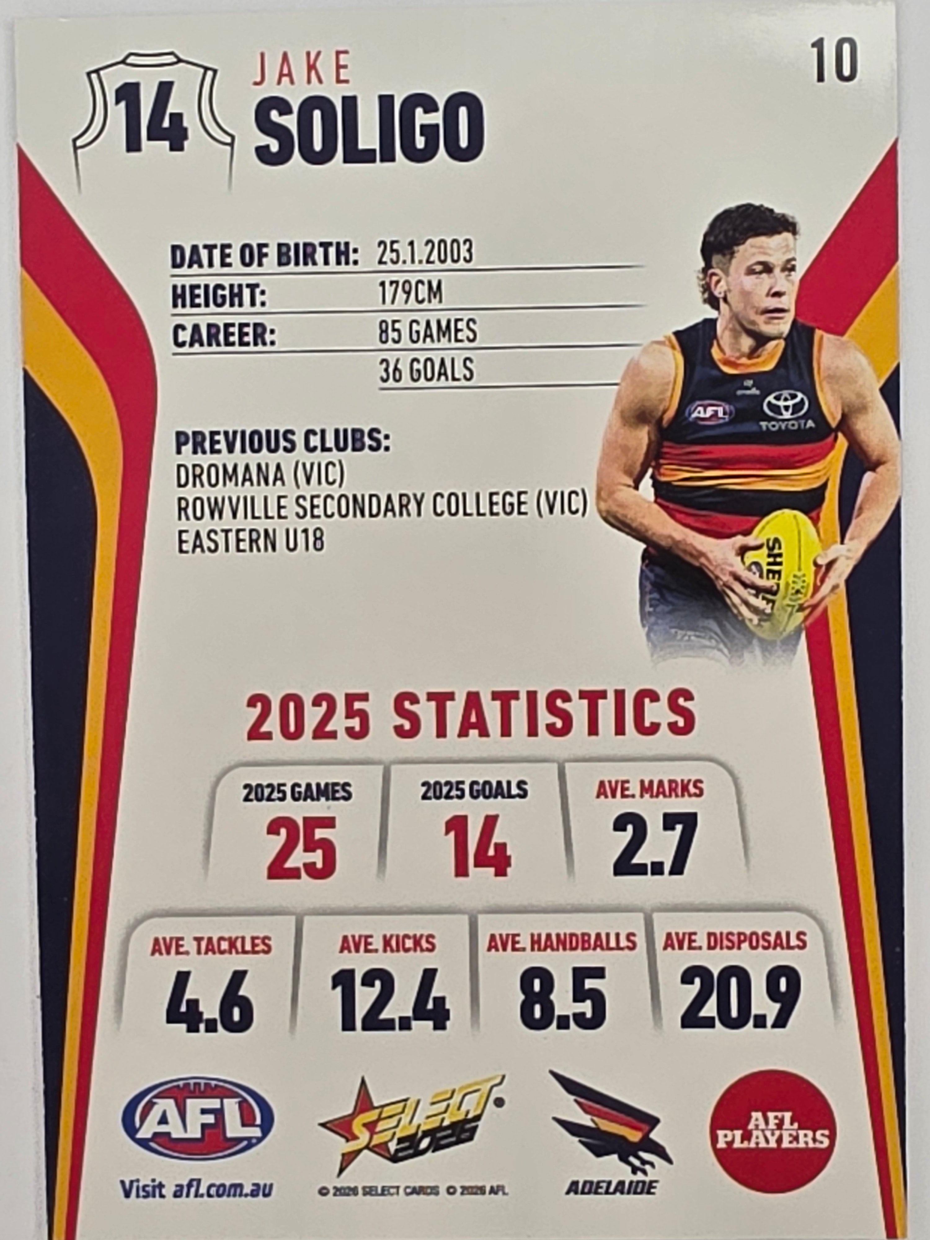 2026 AFL Footy Stars Base Card #010 Jake Soligo - Adelaide Crows
