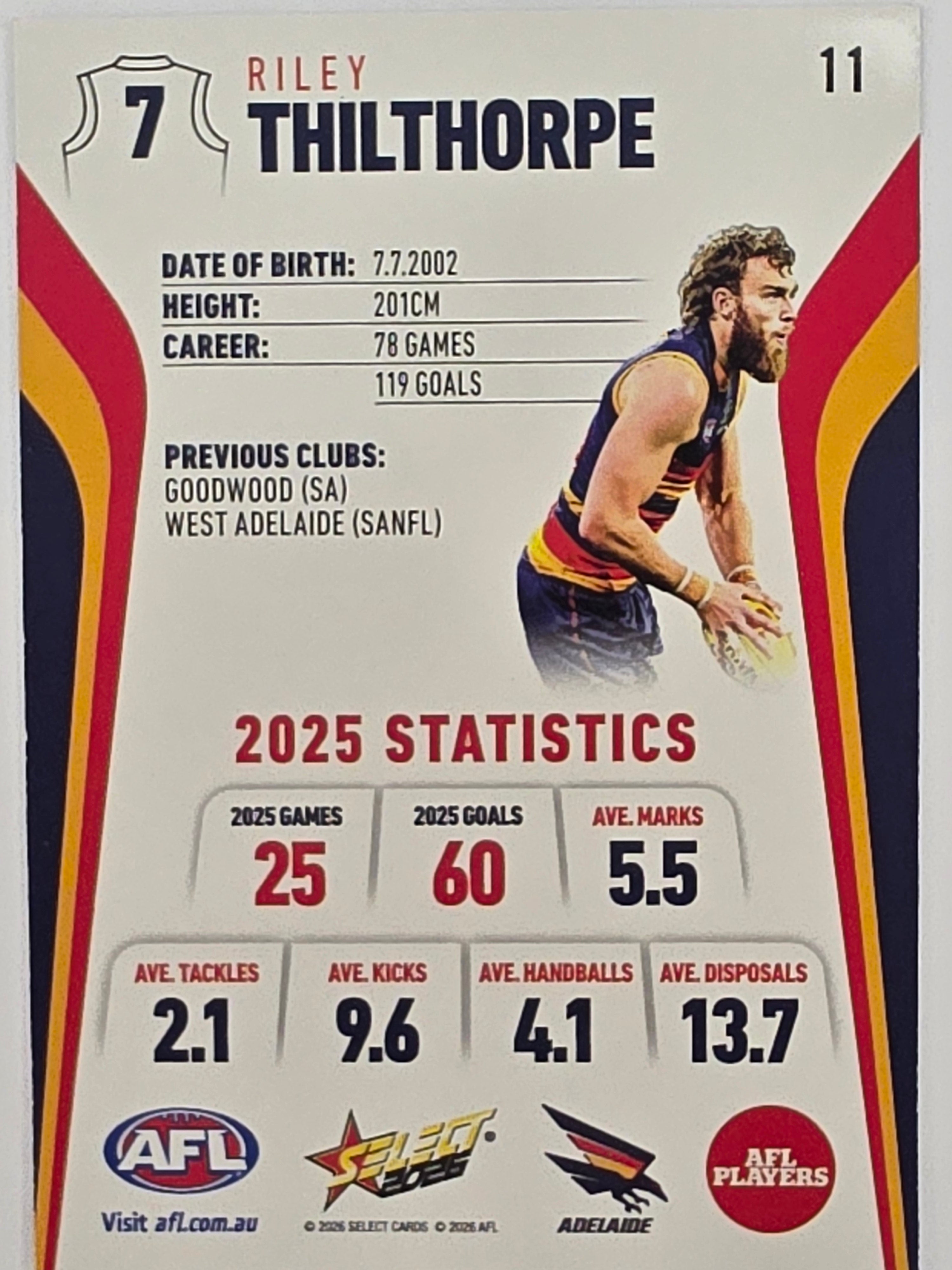 2026 AFL Footy Stars Base Card #011 Riley Thilthorpe - Adelaide Crows