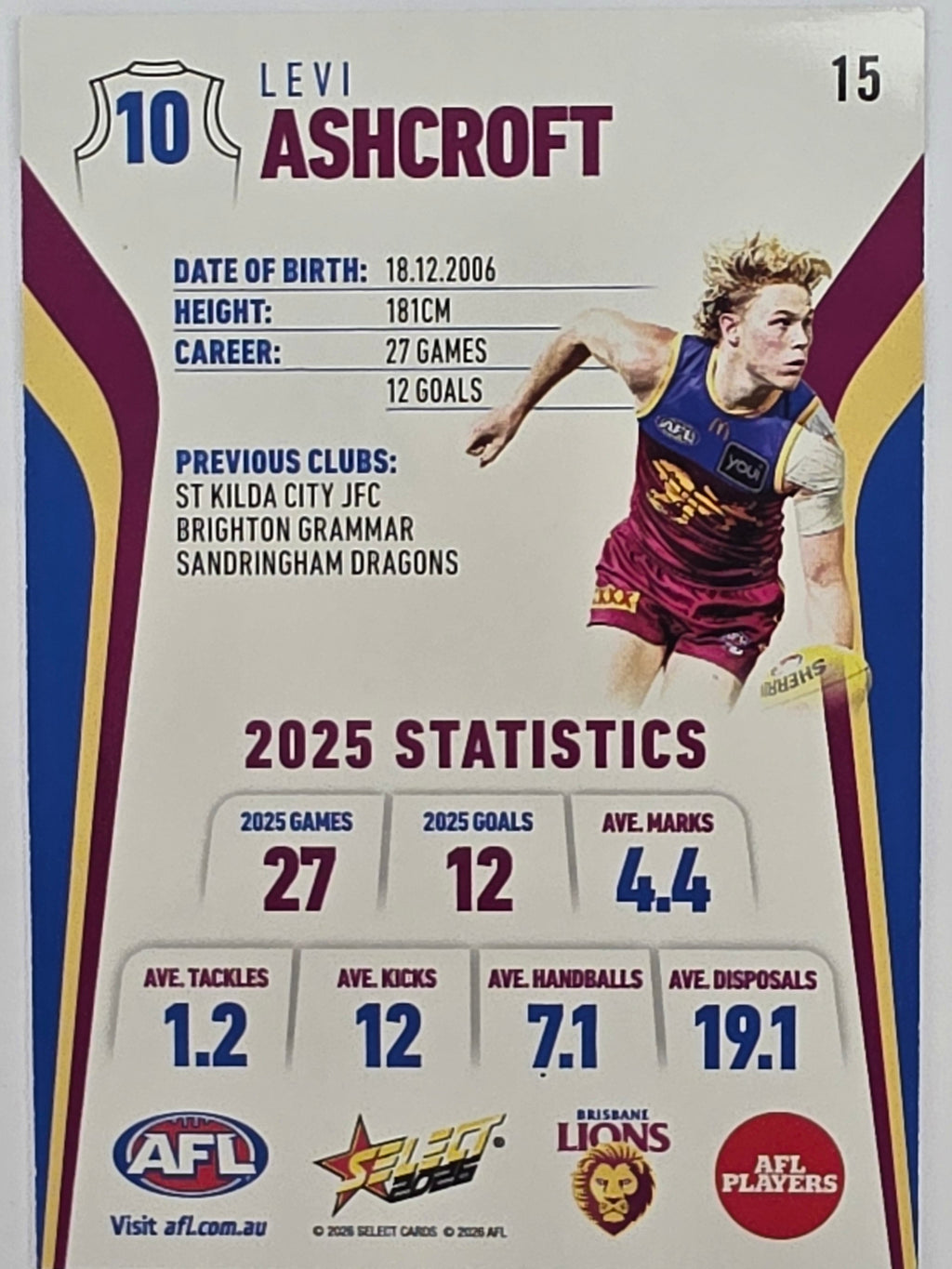 2026 AFL Footy Stars Base Card #015 Levi Ashcroft - Brisbane Lions