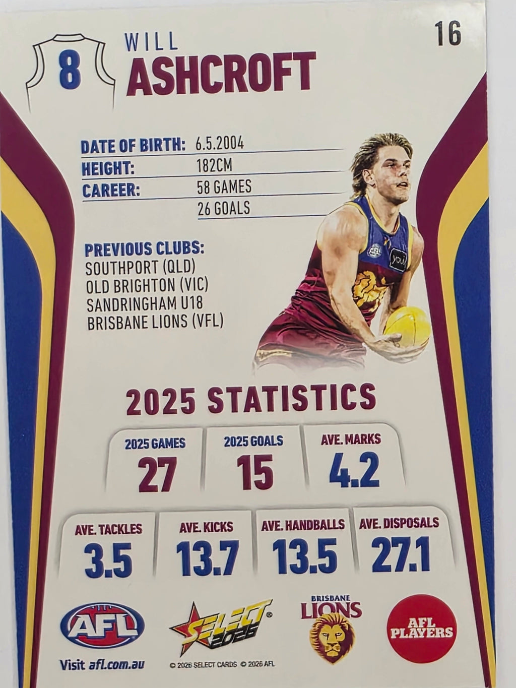 2026 AFL Footy Stars Base Card #016 Will Ashcroft - Brisbane Lions