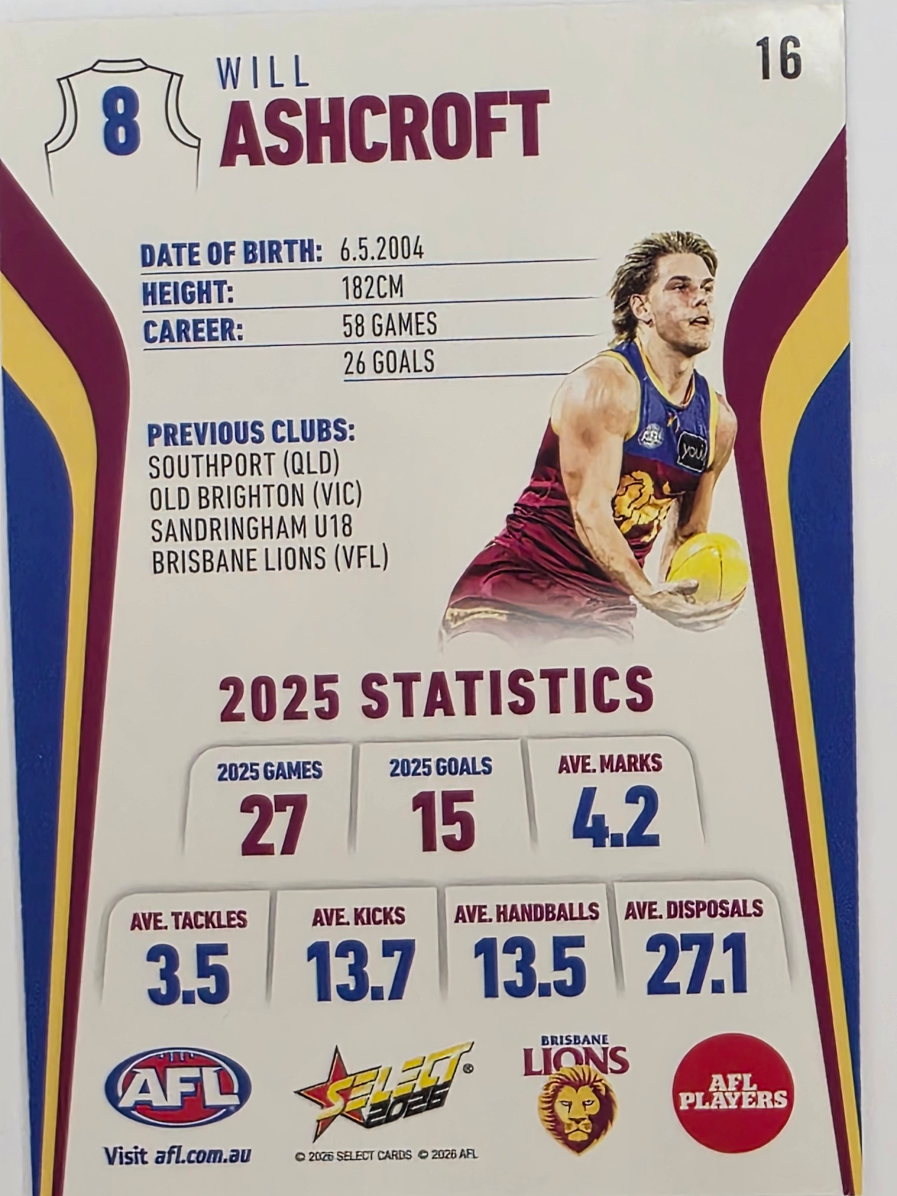 2026 AFL Footy Stars Base Card #016 Will Ashcroft - Brisbane Lions