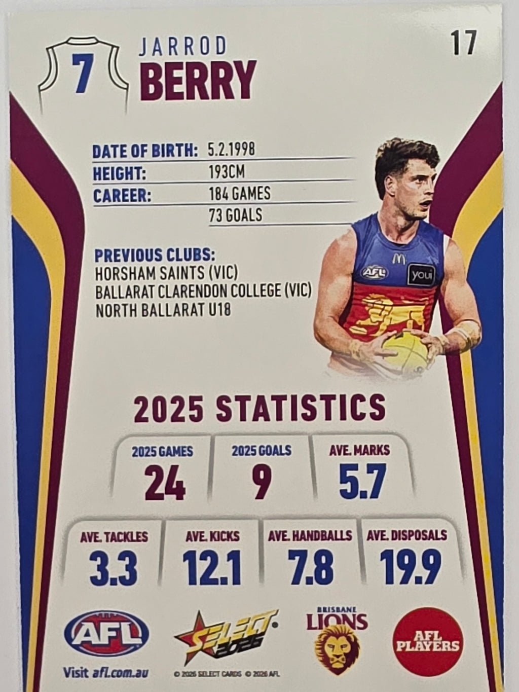 2026 AFL Footy Stars Base Card #017 Jarrod Berry - Brisbane Lions