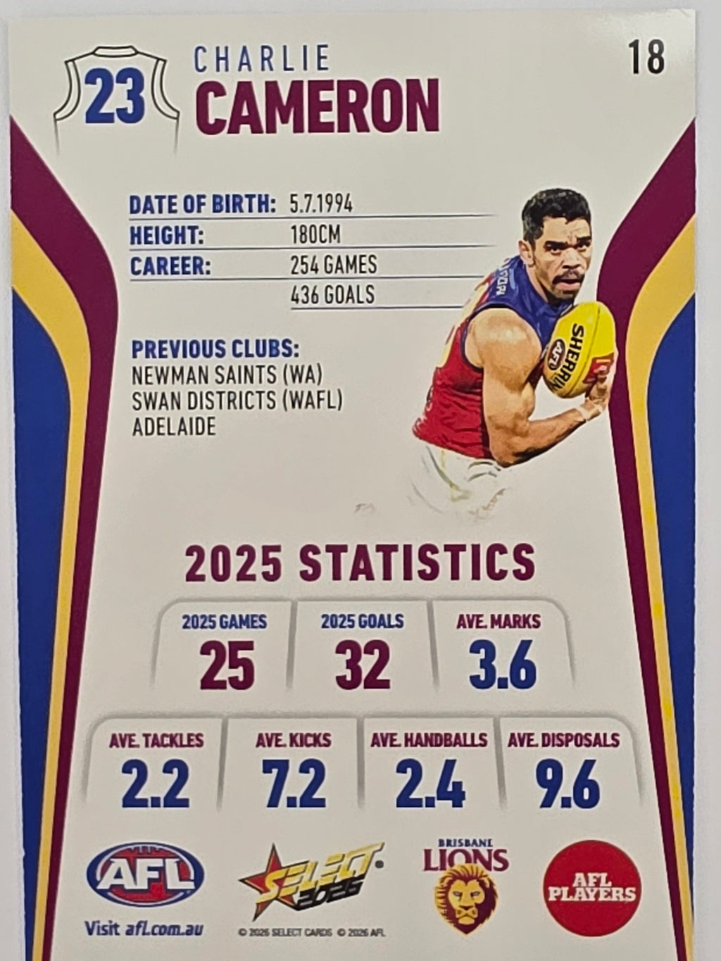 2026 AFL Footy Stars Base Card #018 Charlie Cameron - Brisbane Lions