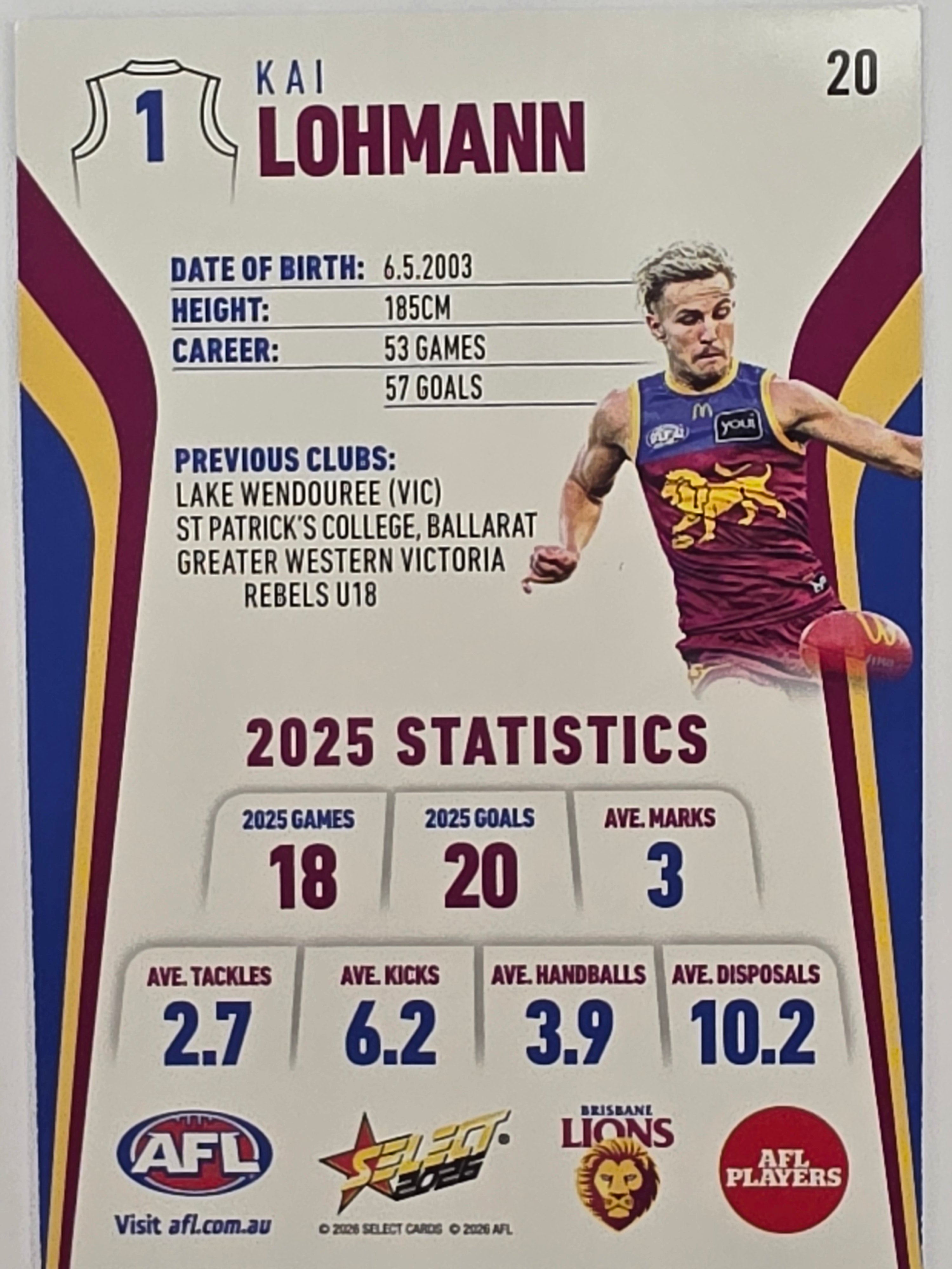 2026 AFL Footy Stars Base Card #020 Kai Lohmann - Brisbane Lions