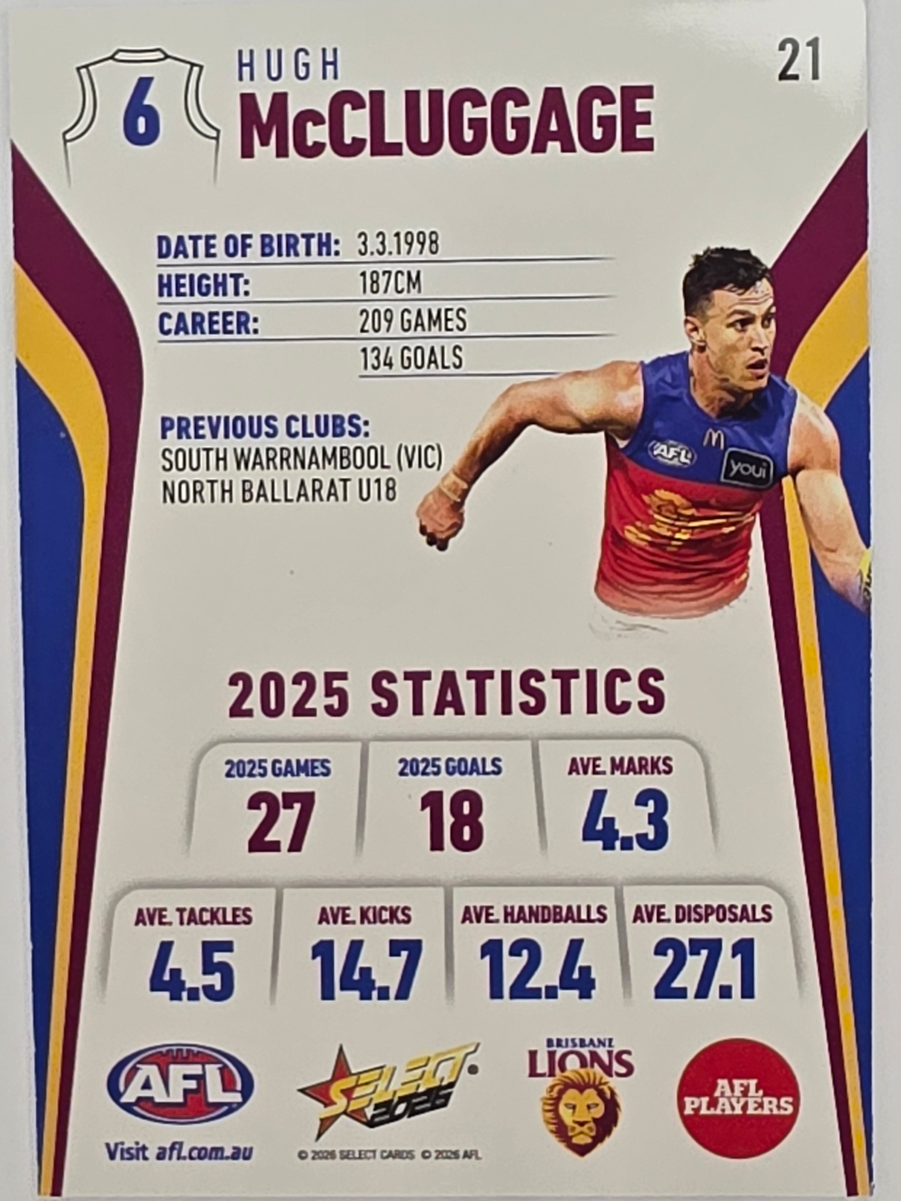 2026 AFL Footy Stars Base Card #021 Hugh McCluggage - Brisbane Lions
