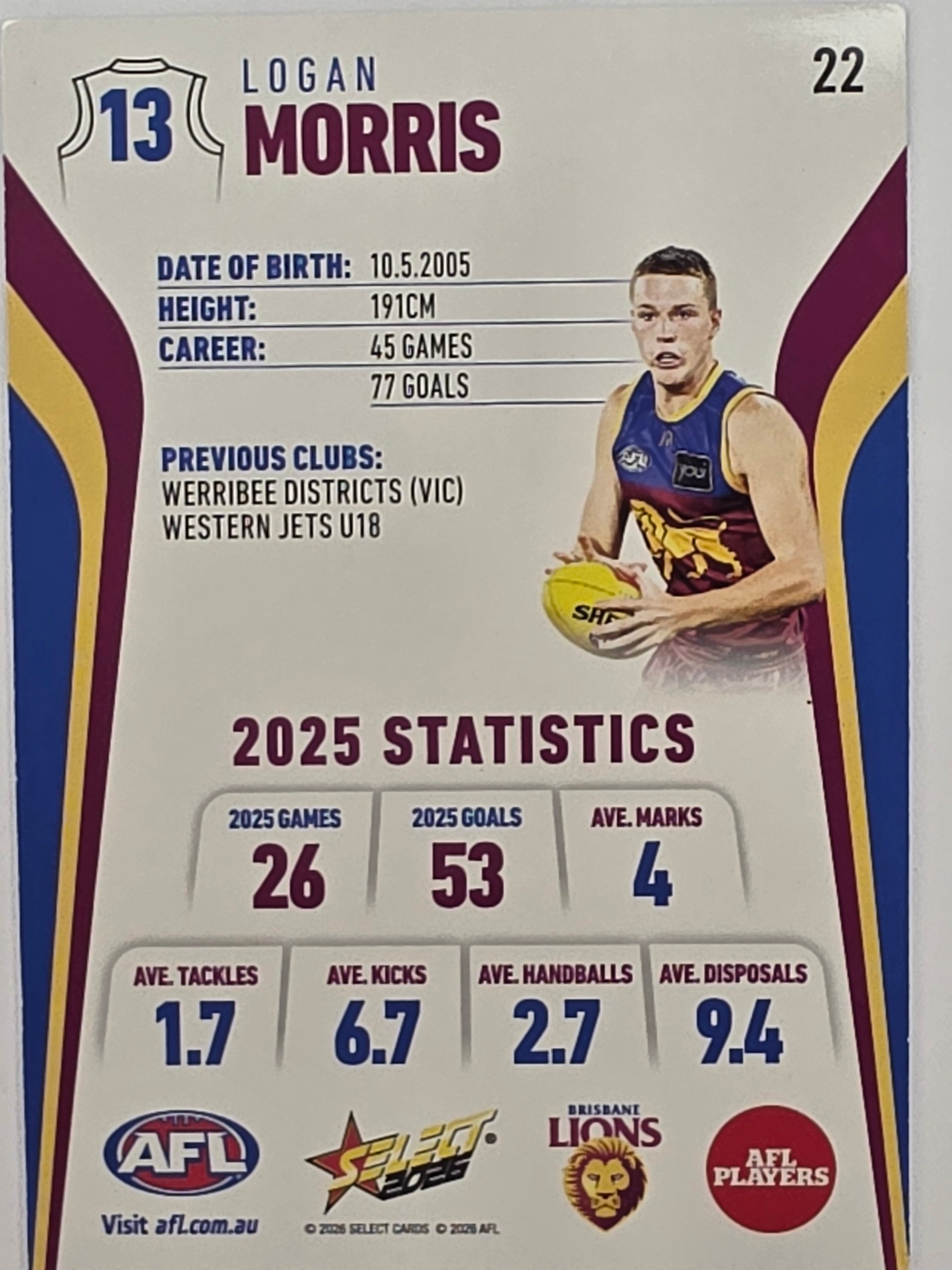 2026 AFL Footy Stars Base Card #022 Logan Morris - Brisbane Lions