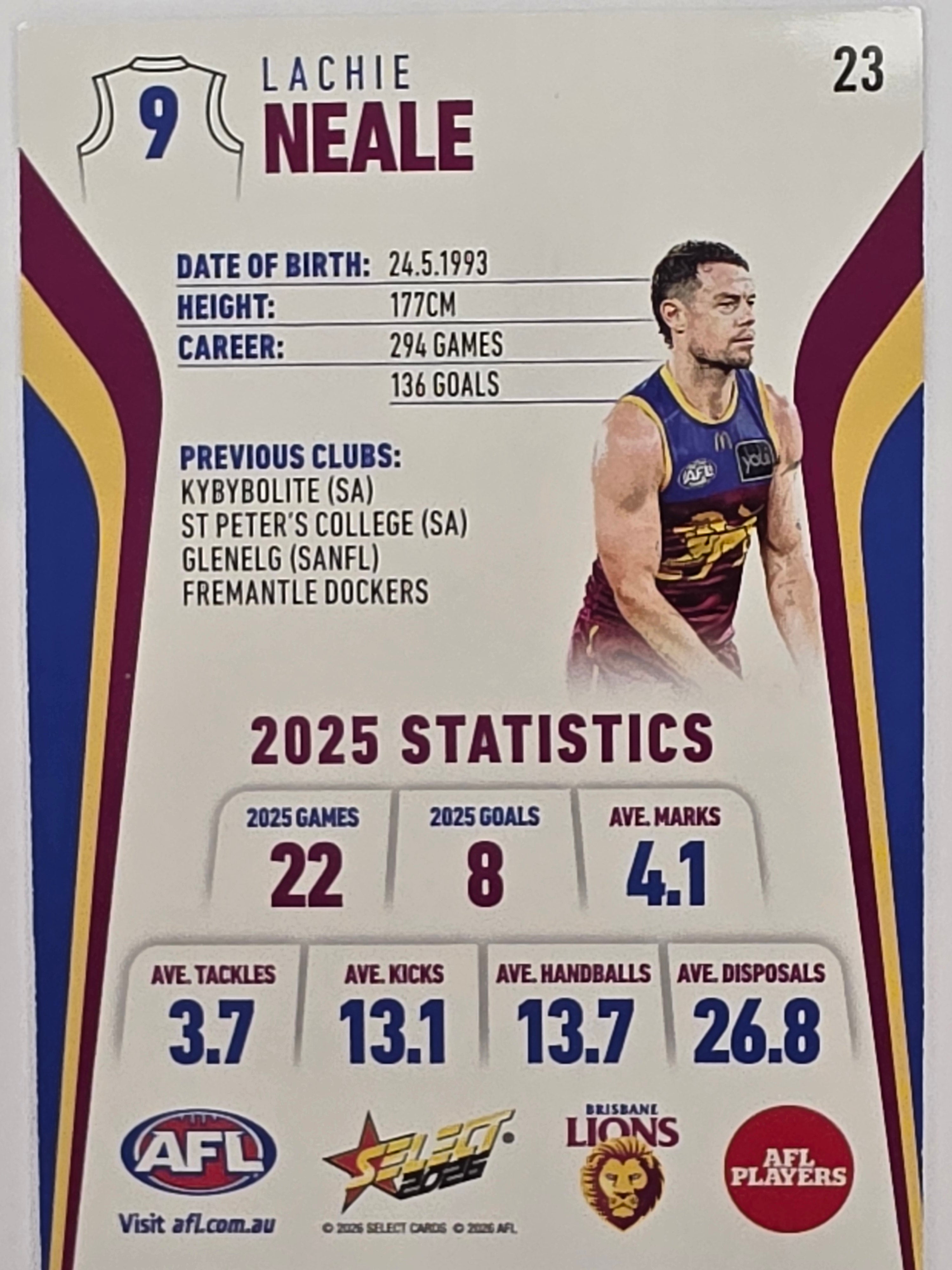 2026 AFL Footy Stars Base Card #023 Lachie Neale - Brisbane Lions