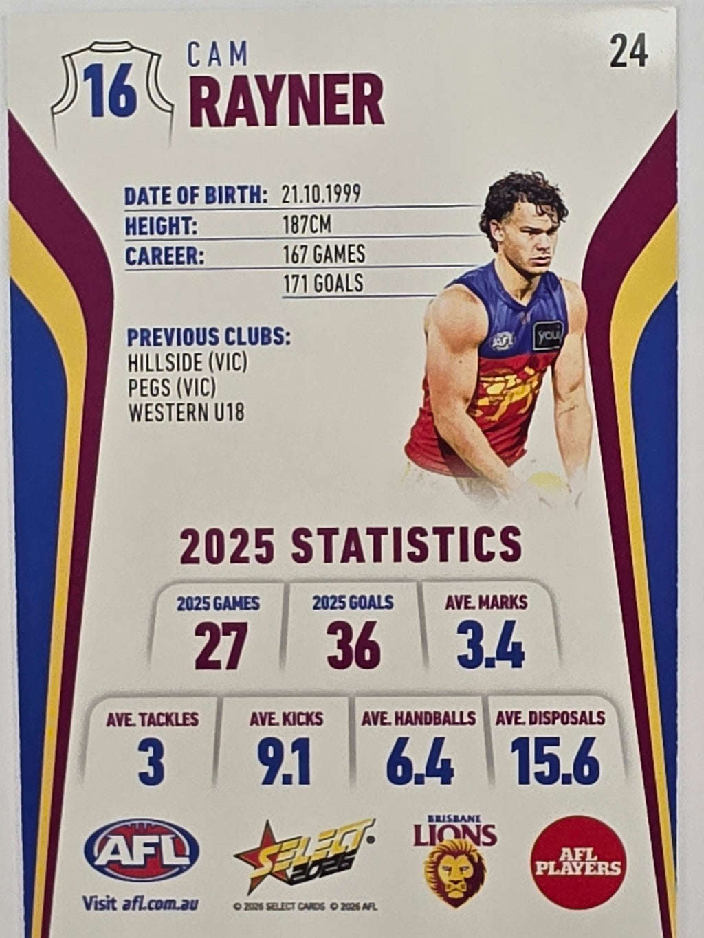 2026 AFL Footy Stars Base Card #024 Cam Rayner - Brisbane Lions