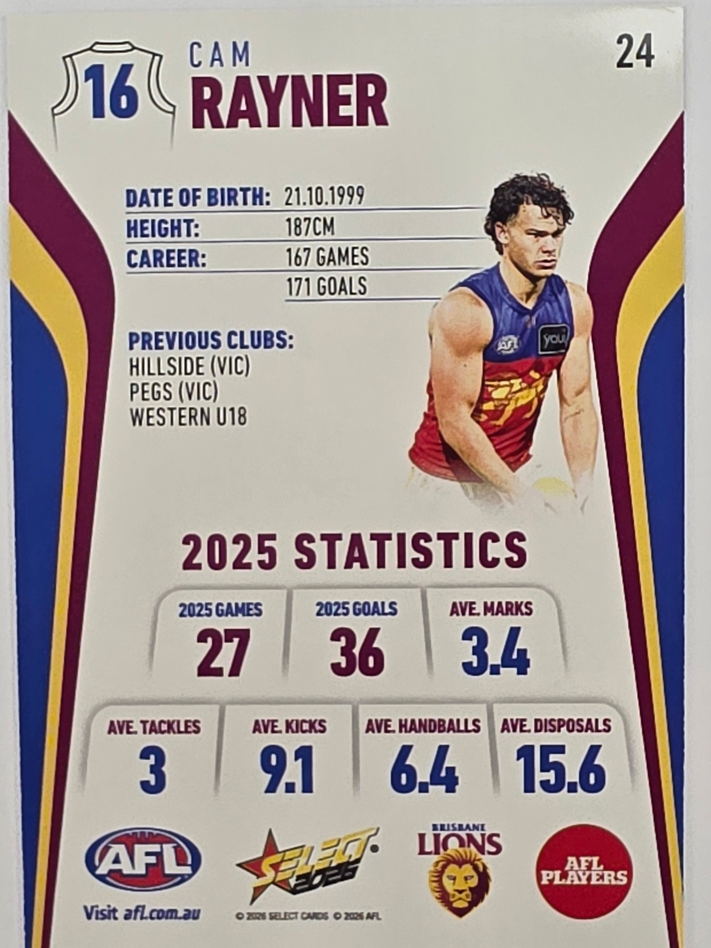 2026 AFL Footy Stars Base Card #024 Cam Rayner - Brisbane Lions