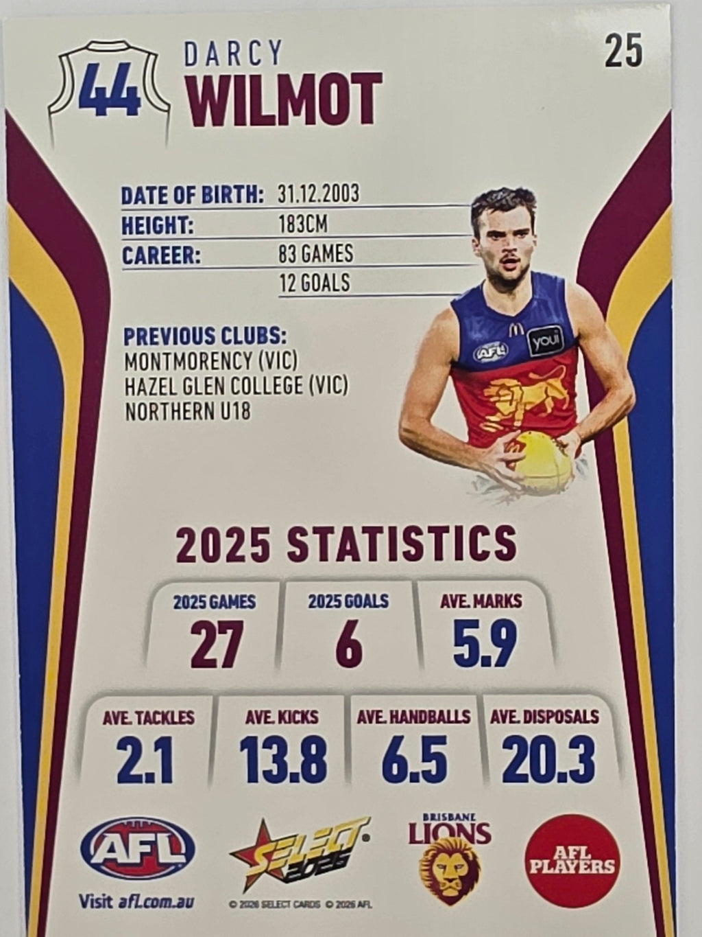 2026 AFL Footy Stars Base Card #025 Darcy Wilmot - Brisbane Lions