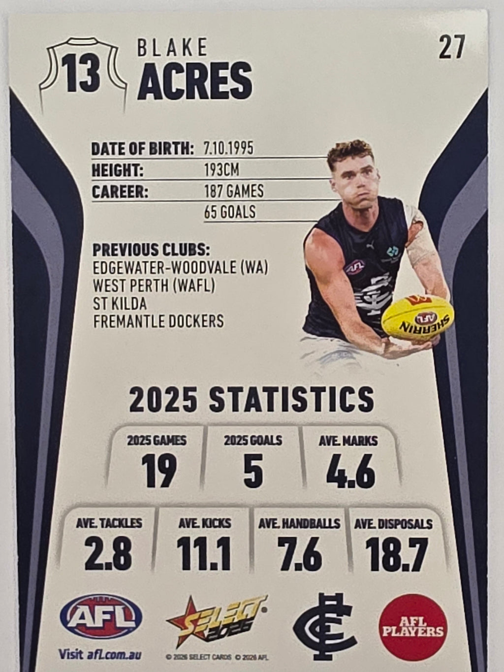 2026 AFL Footy Stars Base Card #027 Blake Acres - Carlton Blues
