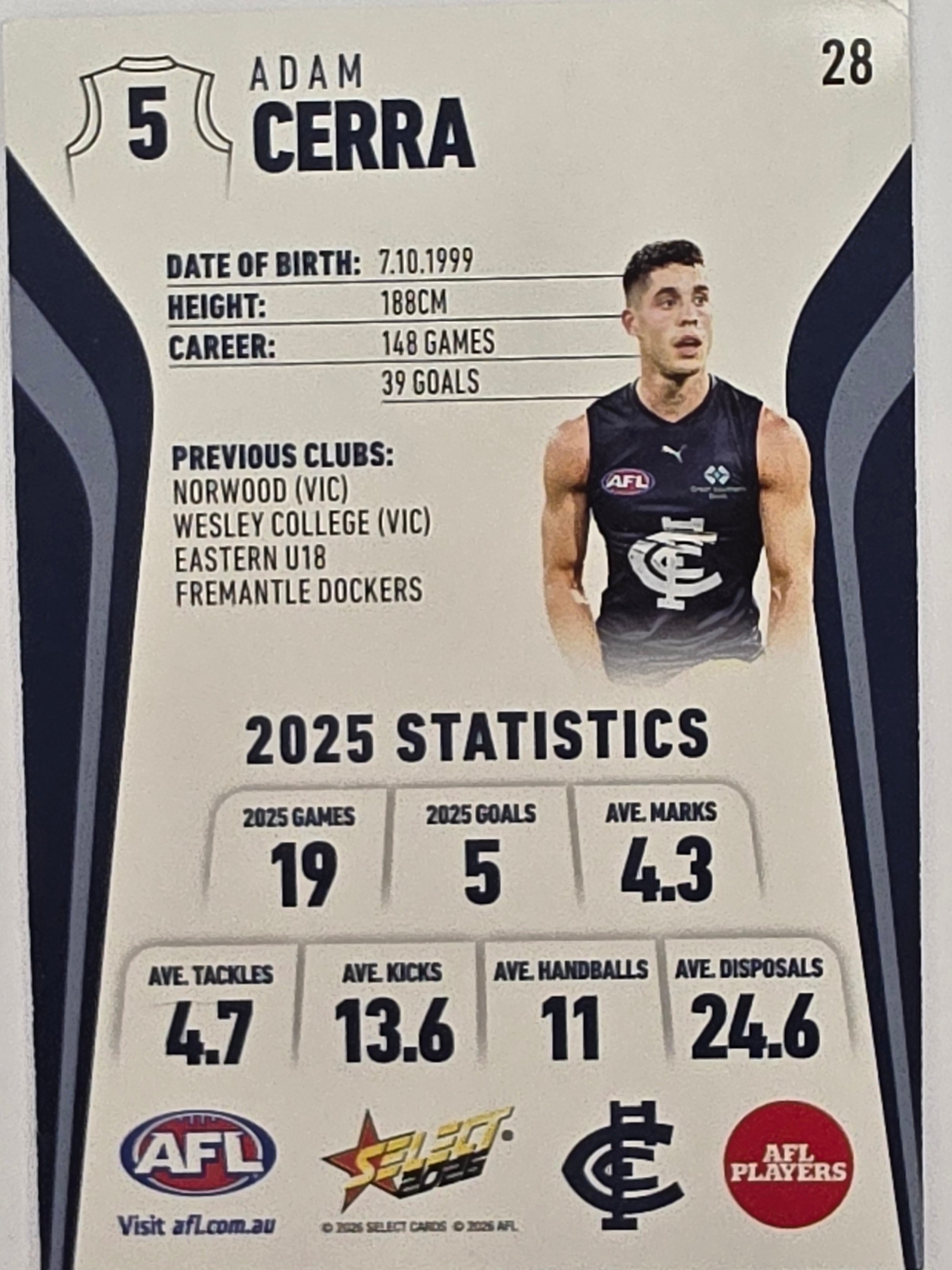 2026 AFL Footy Stars Base Card #028 Adam Cerra - Carlton Blues