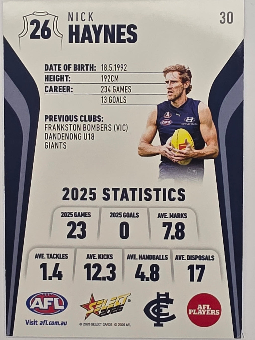 2026 AFL Footy Stars Base Card #030 Nick Haynes - Carlton Blues