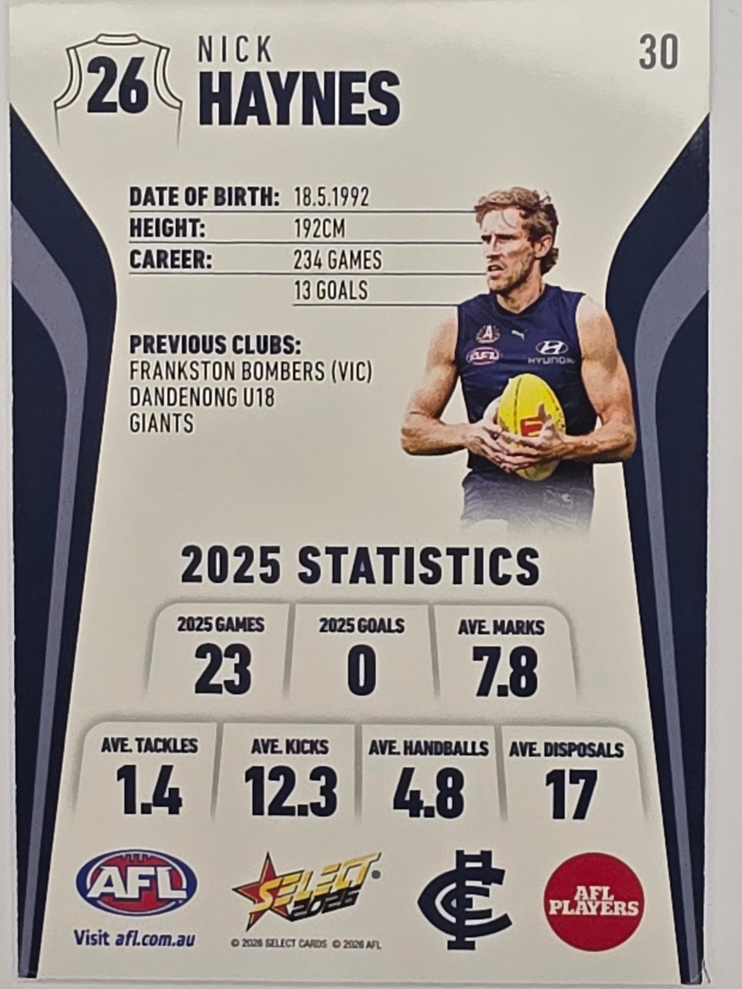 2026 AFL Footy Stars Base Card #030 Nick Haynes - Carlton Blues