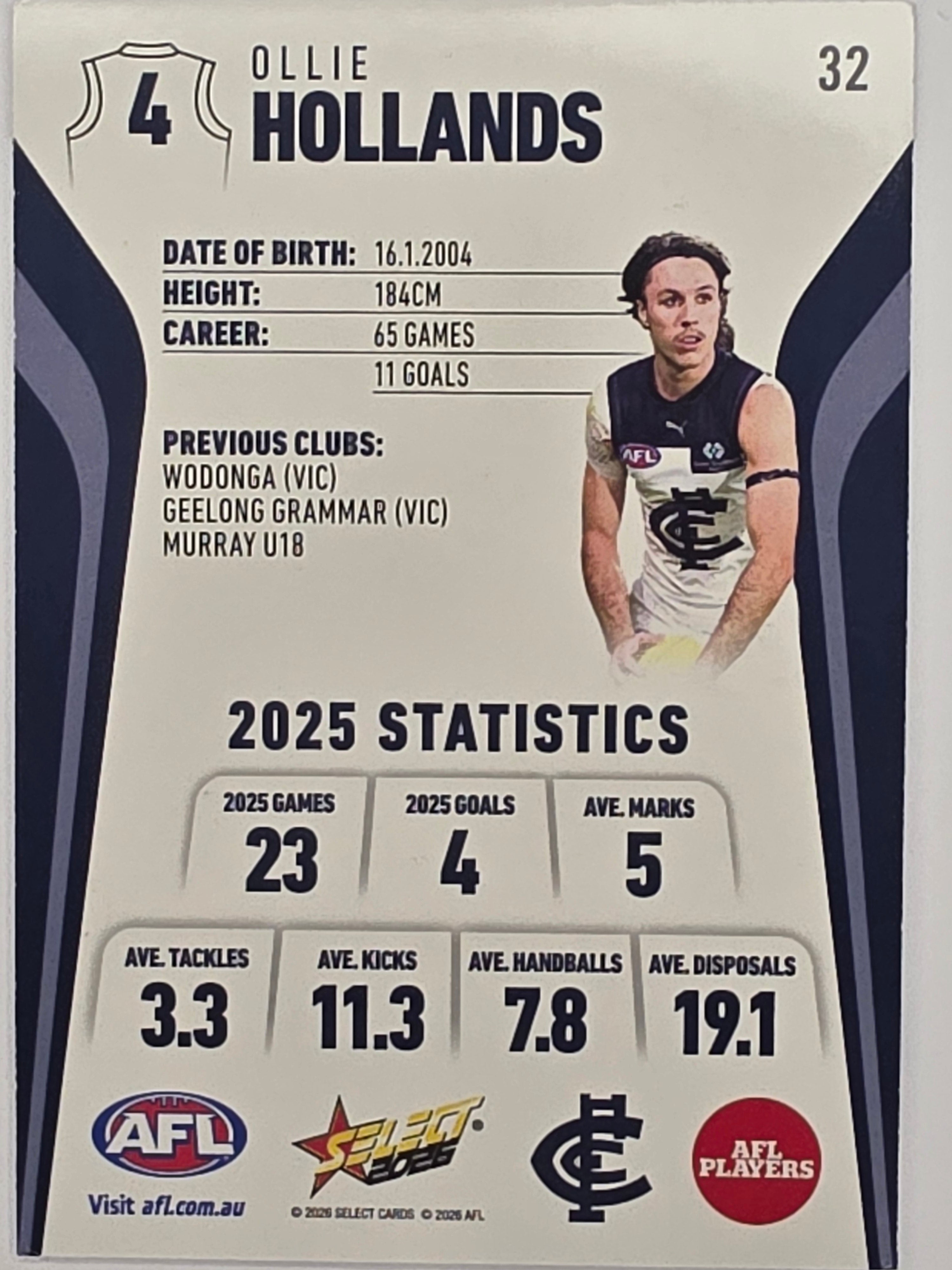 2026 AFL Footy Stars Base Card #032 Ollie Hollands - Carlton Blues