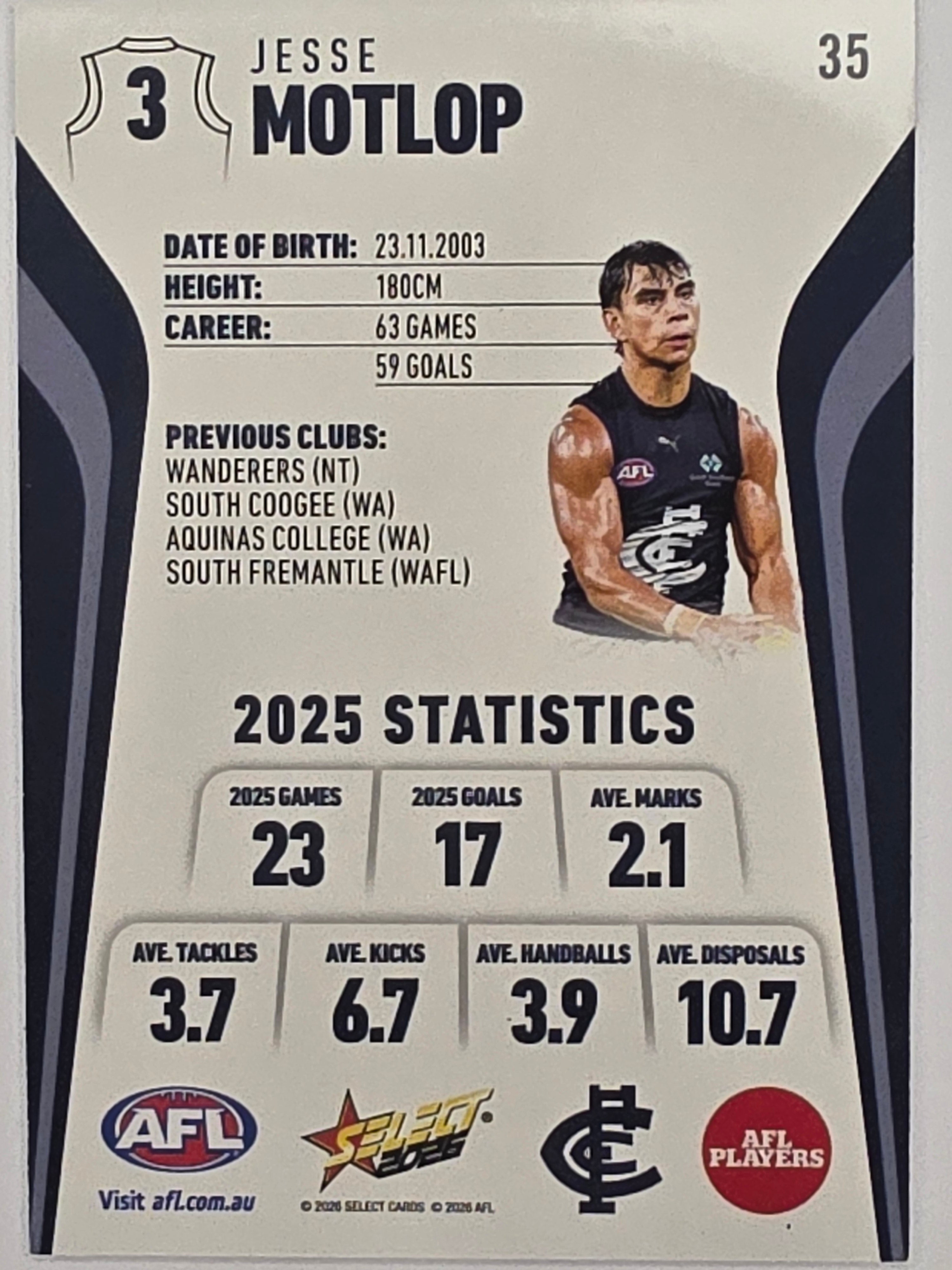 2026 AFL Footy Stars Base Card #035 Jesse Motlop - Carlton Blues