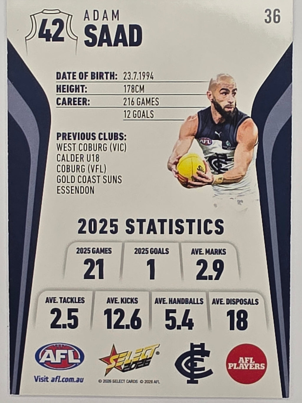 2026 AFL Footy Stars Base Card #036 Adam Saad - Carlton Blues