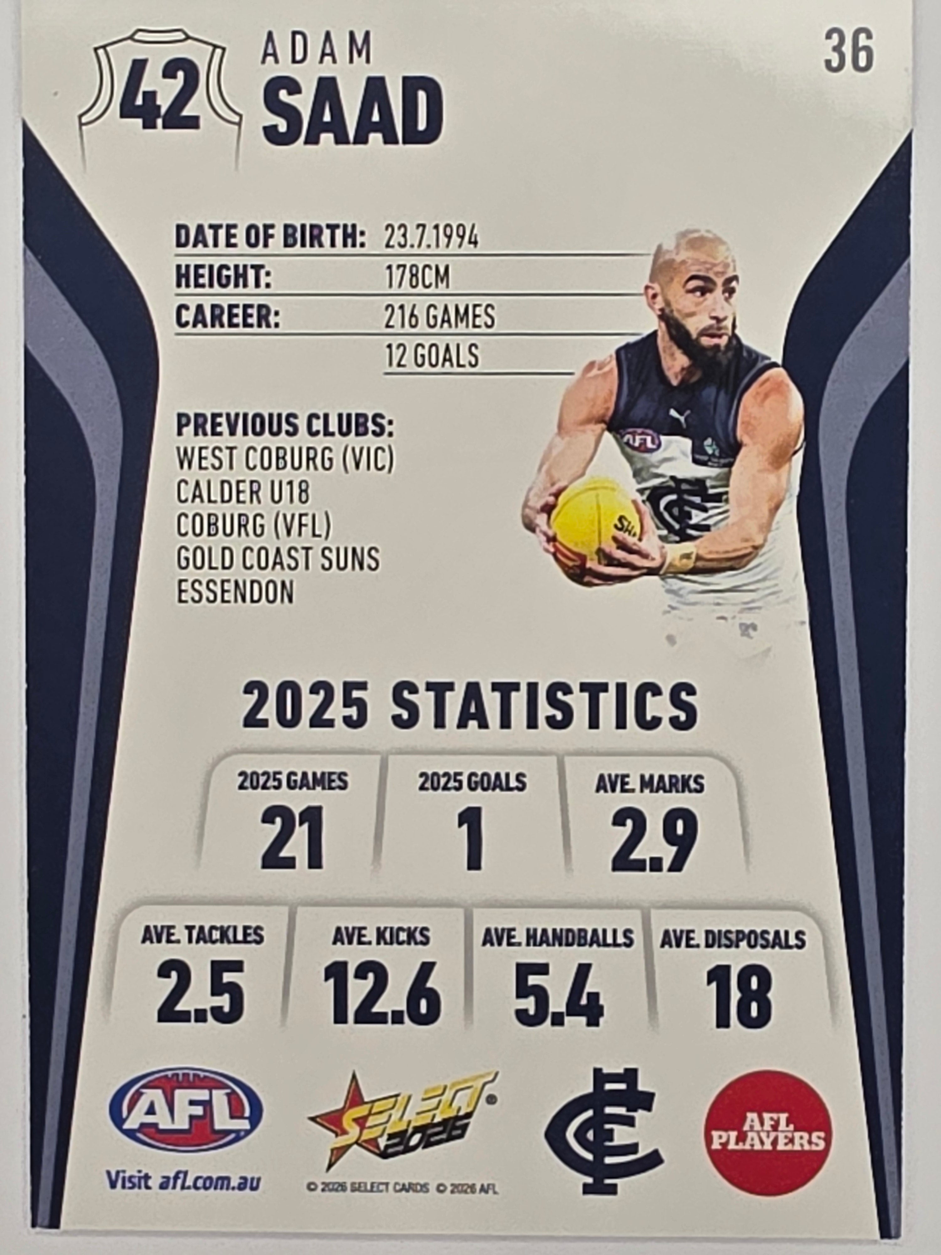 2026 AFL Footy Stars Base Card #036 Adam Saad - Carlton Blues