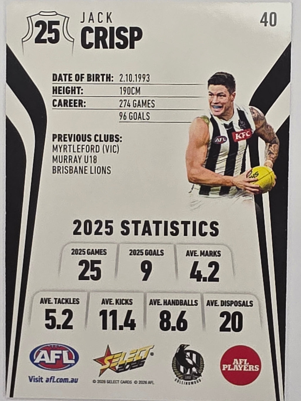 2026 AFL Footy Stars Base Card #040 Jack Crisp - Collingwood Magpies