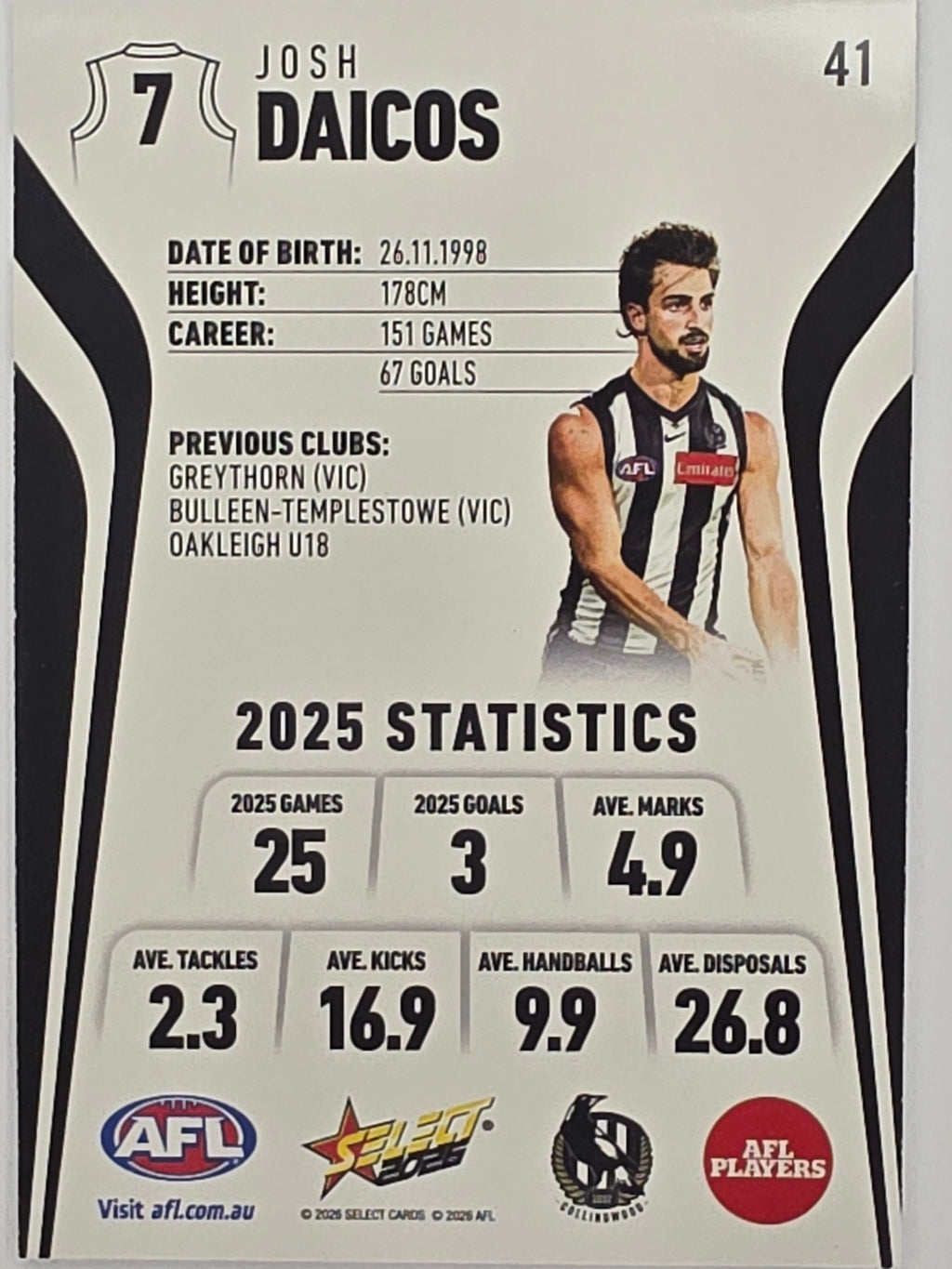 2026 AFL Footy Stars Base Card #041 Josh Daicos - Collingwood Magpies
