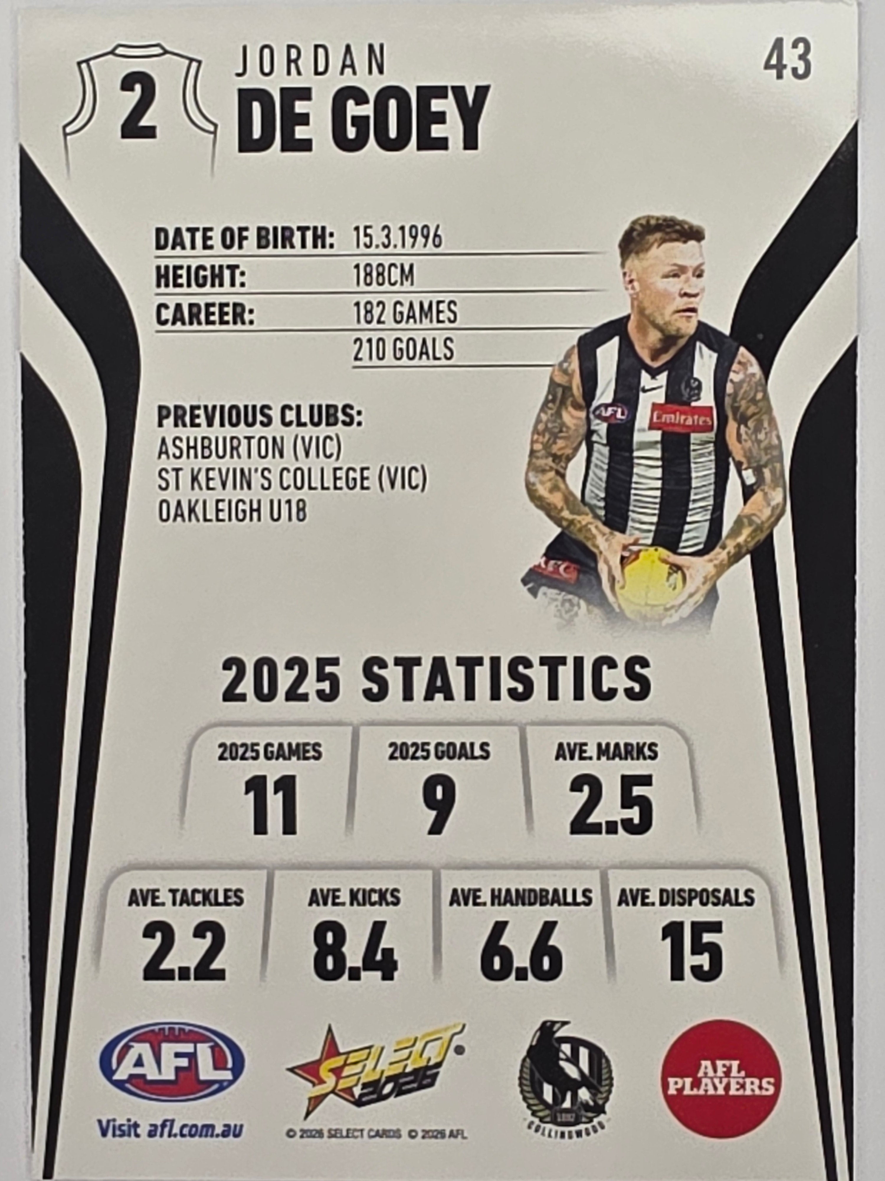 2026 AFL Footy Stars Base Card #043 Jordan De Goey - Collingwood Magpies