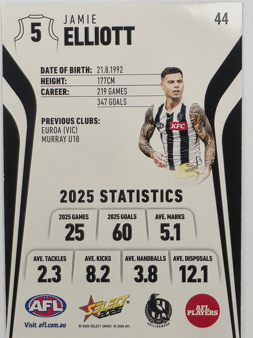 2026 AFL Footy Stars Base Card #044 Jamie Elliott - Collingwood Magpies