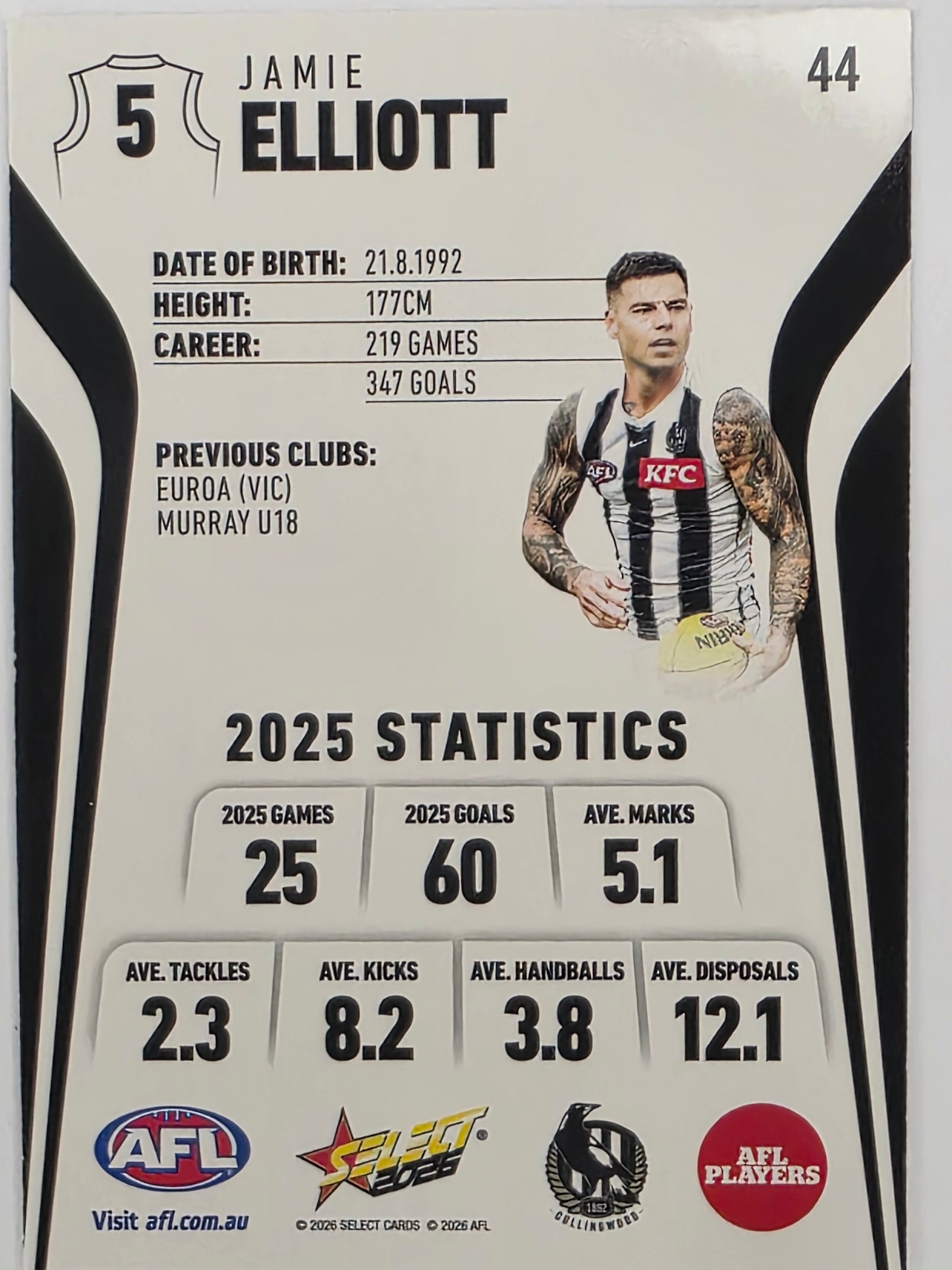 2026 AFL Footy Stars Base Card #044 Jamie Elliott - Collingwood Magpies