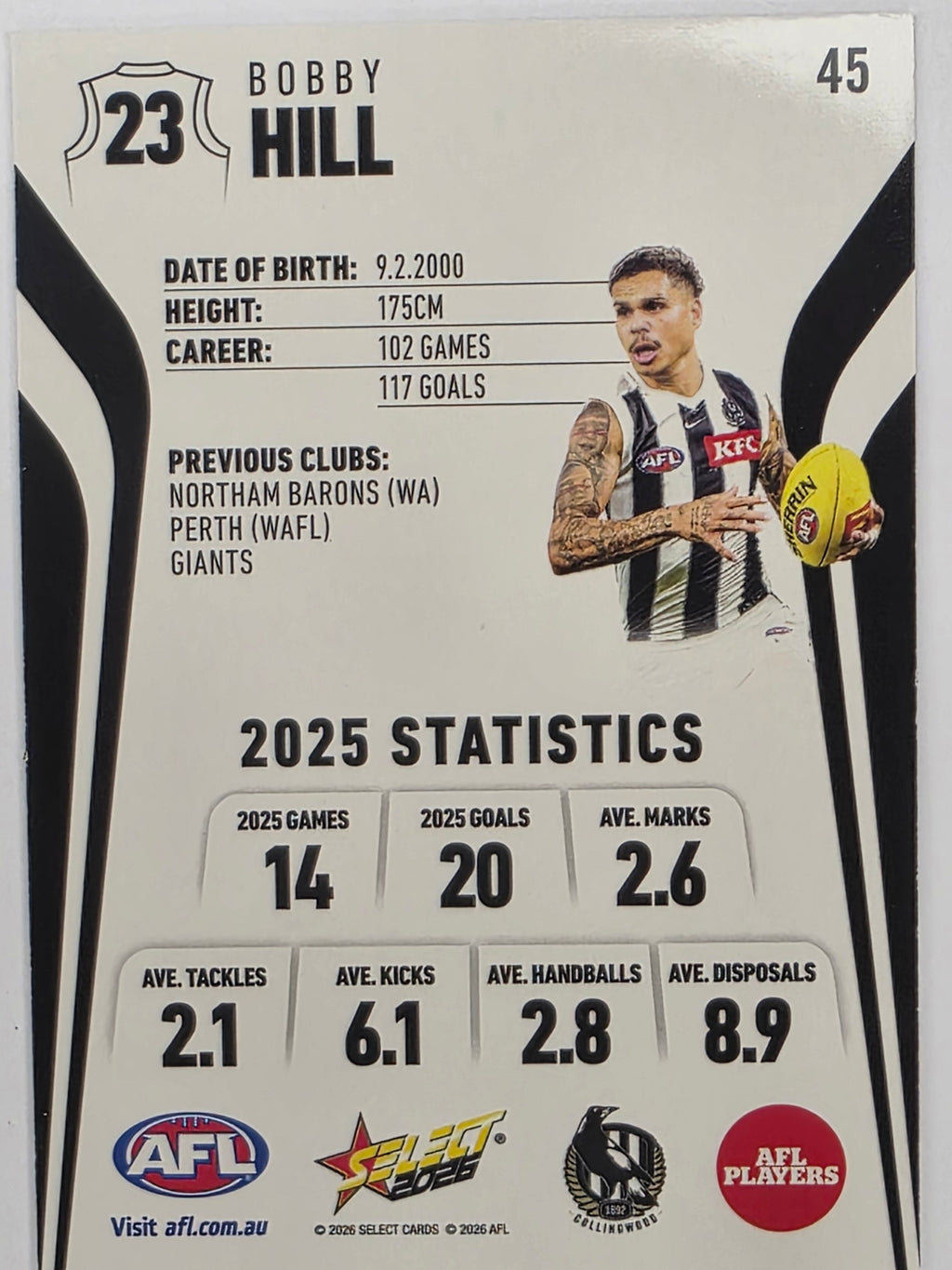 2026 AFL Footy Stars Base Card #045 Bobby Hill - Collingwood Magpies