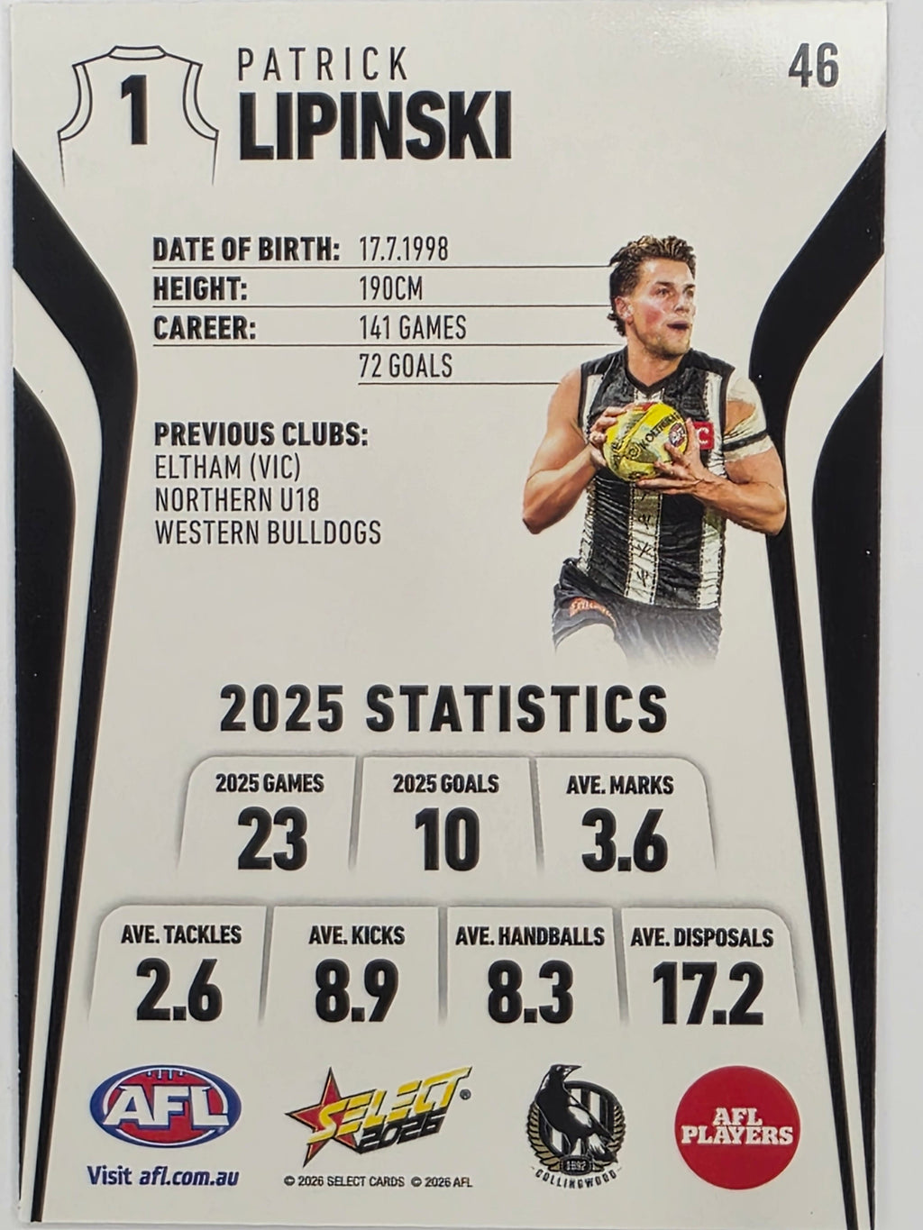 2026 AFL Footy Stars Base Card #046 Patrick Lipinski - Collingwood Magpies