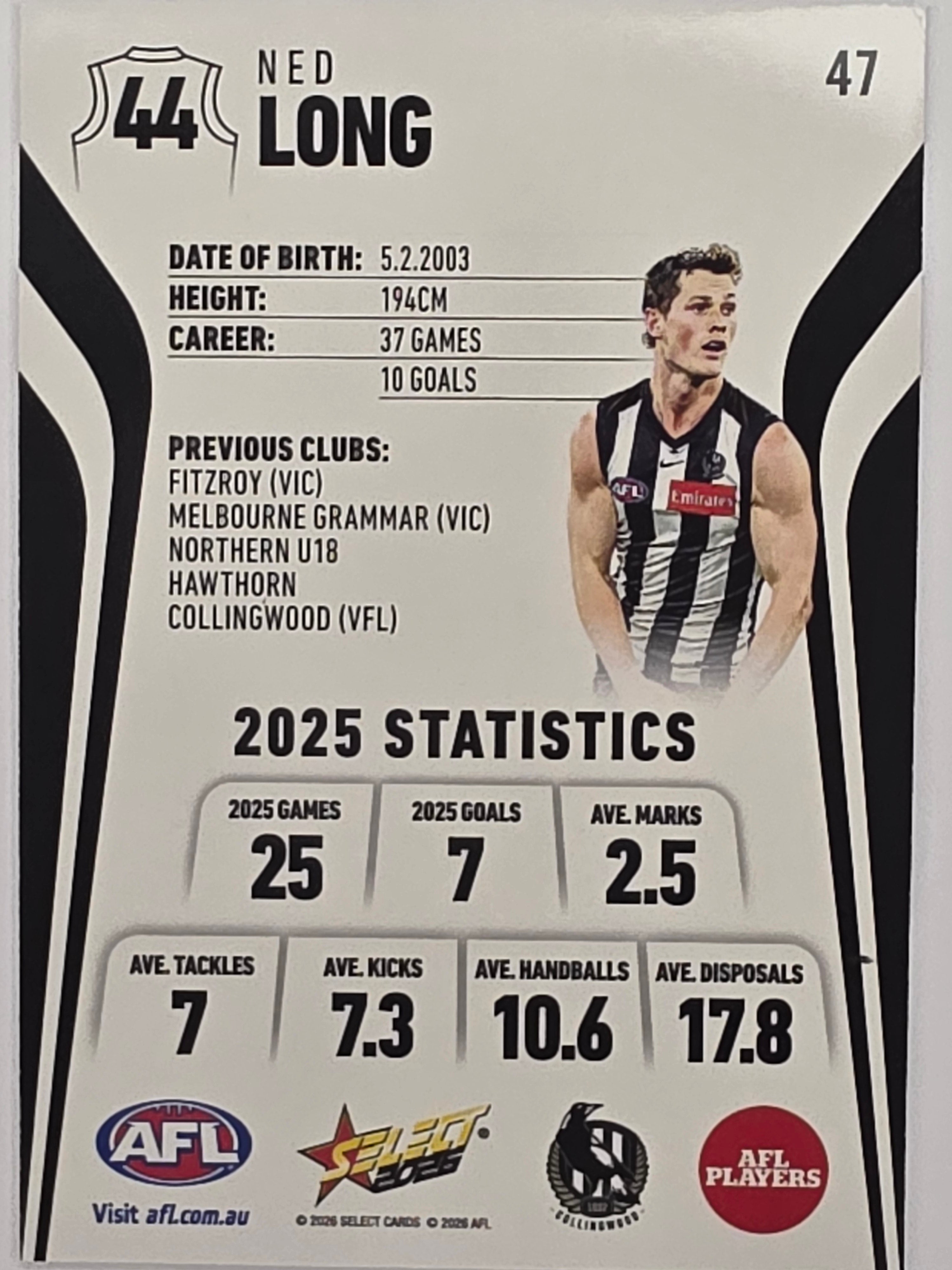 2026 AFL Footy Stars Base Card #047 Ned Long - Collingwood Magpies