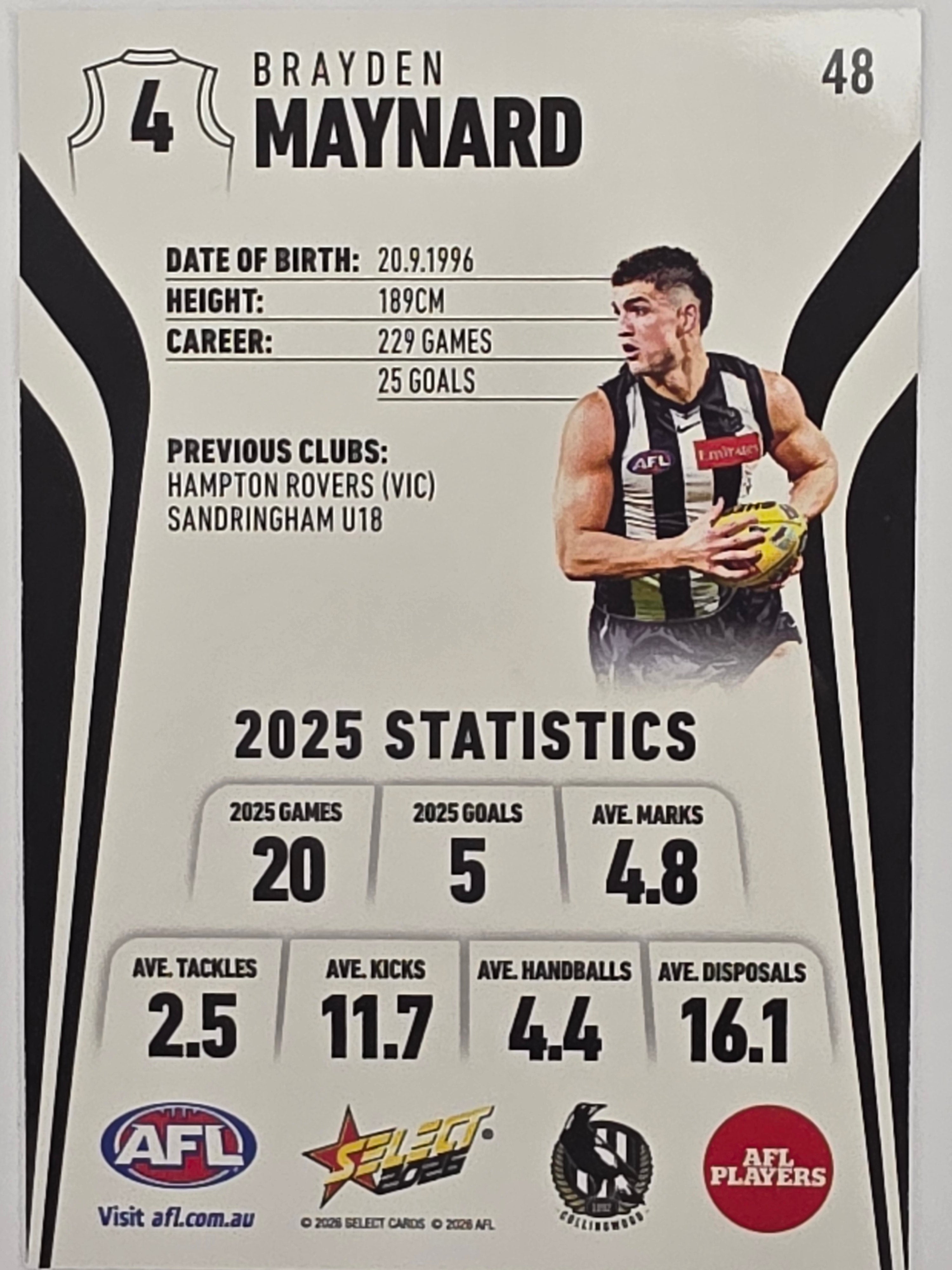 2026 AFL Footy Stars Base Card #048 Brayden Maynard - Collingwood Magpies